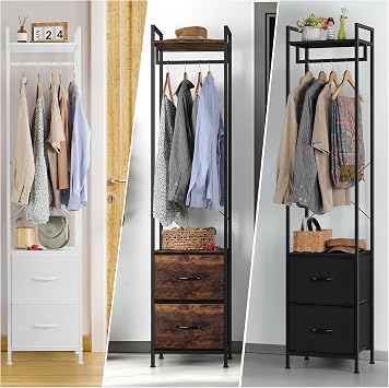180CM Tall Clothes Rail with Drawers, Narrow Freestanding Coat Rack, Space Saving Clothing Rail Hanger with Storage Shelf, Stable Metal Frame Rack for Bedroom, Hallway, Cloakroom (Rustic Brown)