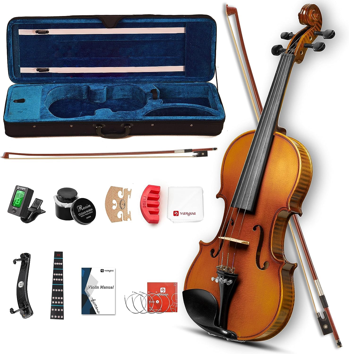 Violin Acoustic Fiddle Kit Professional Solid Wood Violin Unique Maple Wood Pattern Premium Ebony Fitting Starter Kit for Beginner Adults, Full Size By Vangoa