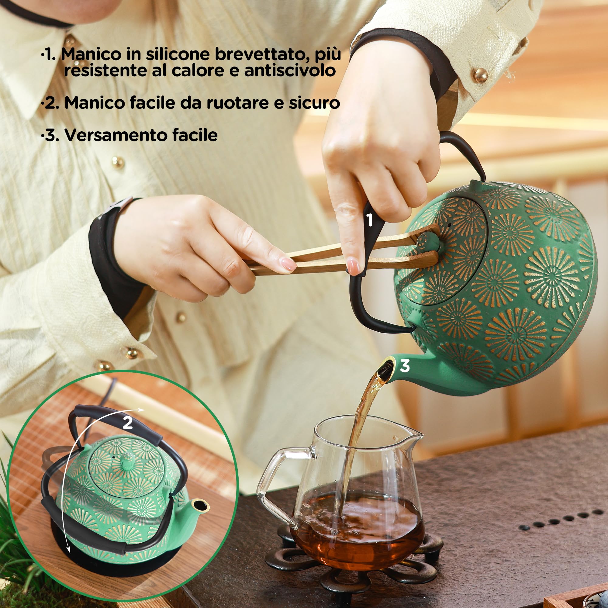 Teiera in ghisa, grande capacità da 1200 ml con infusore per cucina, design giapponese sakura per tè in foglie con interno smaltato, manico in silicone 1200 ml Verde
