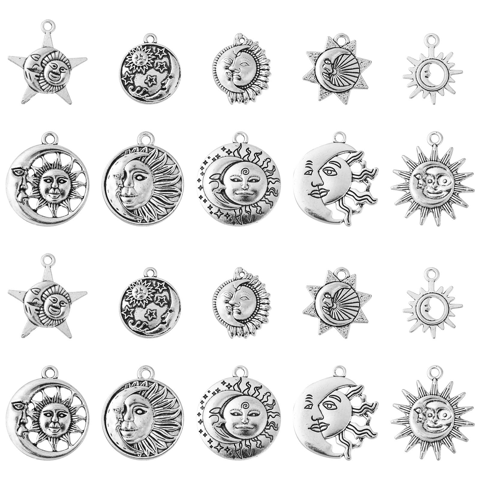 Stiesy 100Pcs 10 Styles Tibetan Silver Sun Moon Pendant Charms