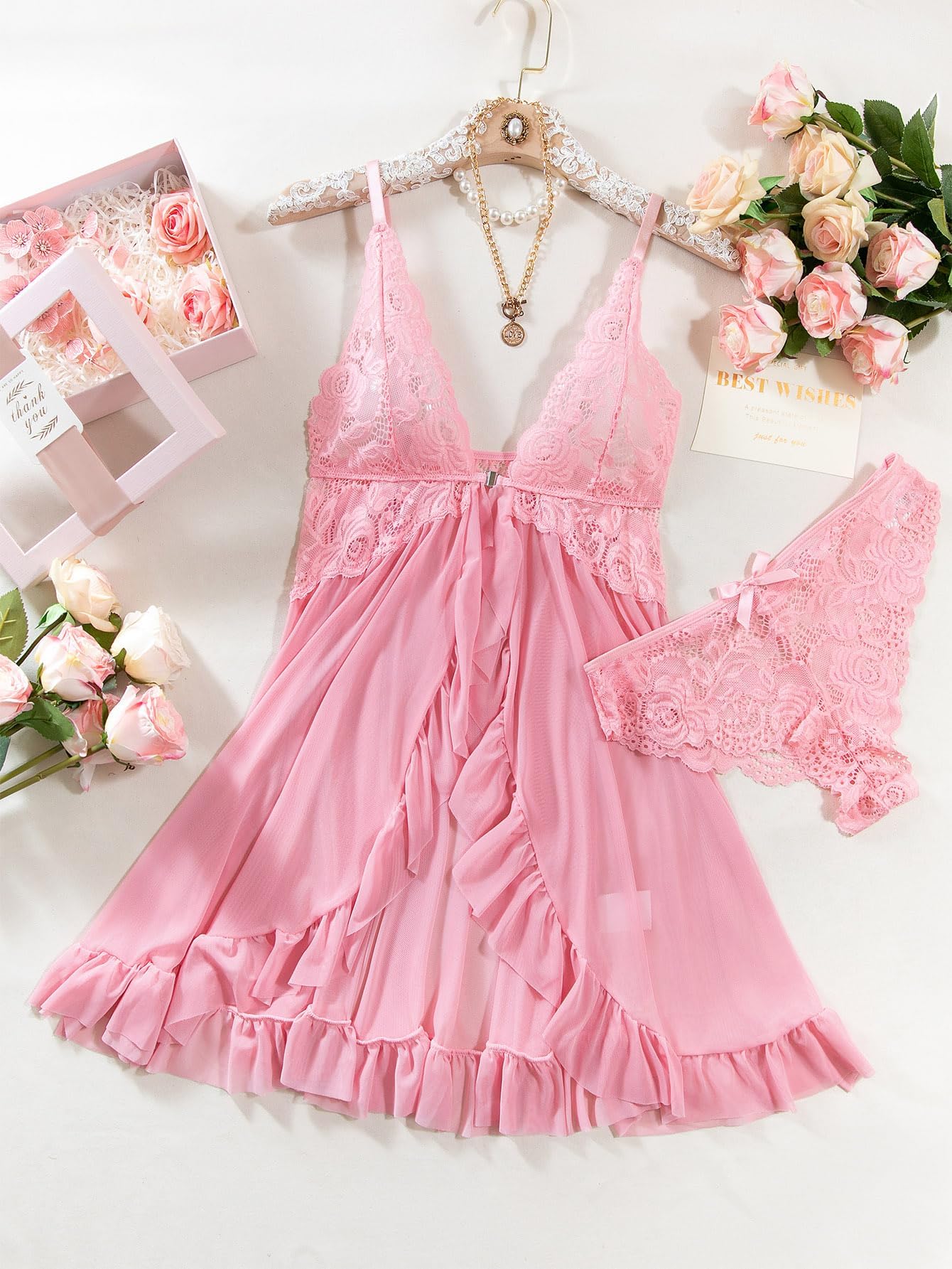 Sexy Open Front V Neck Ruffle Sheer Mesh Lace Wireless Babydoll Lingerie Dress with Thong 2 Piece: Small Pink
