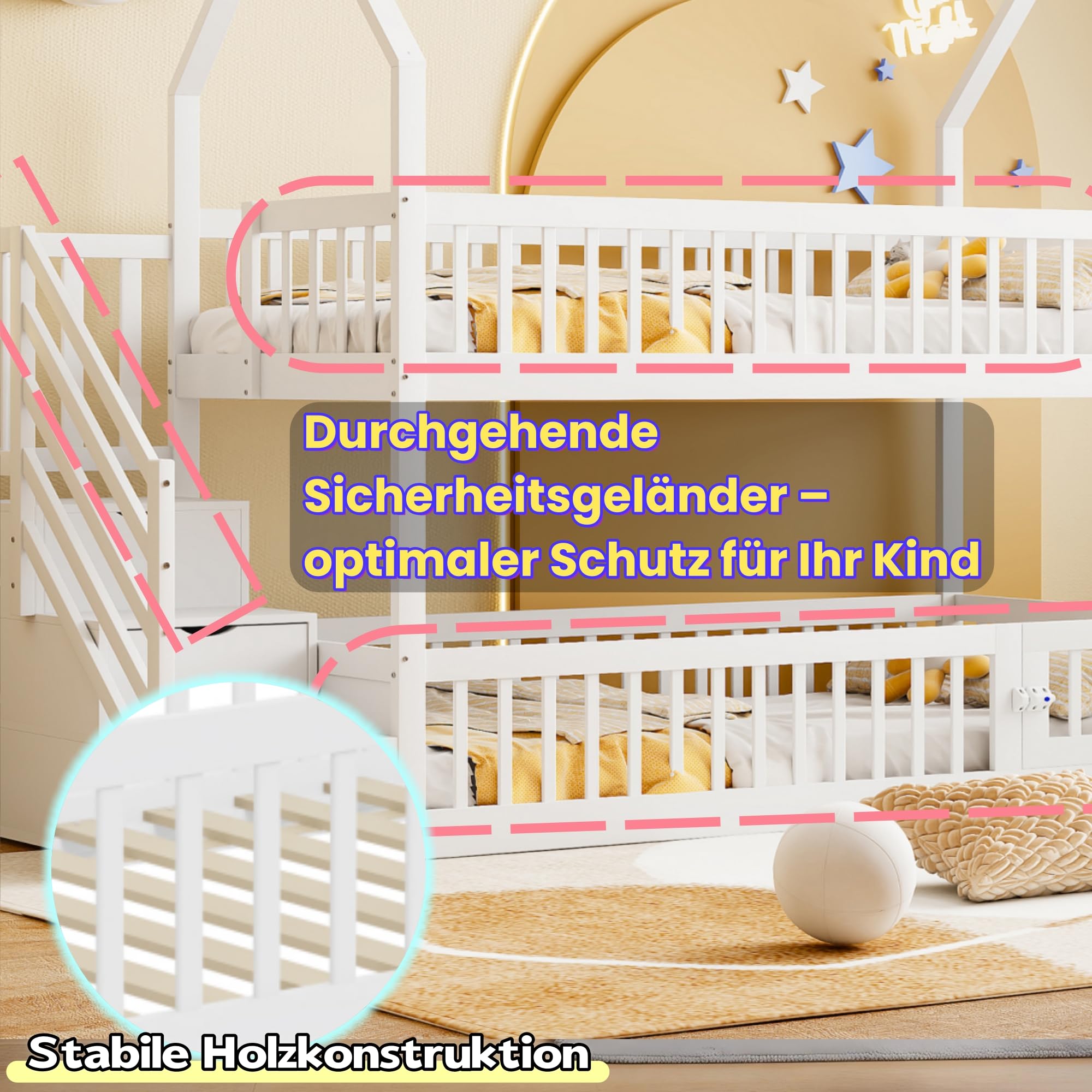 Su & Chan Legence Etagenbett 90x200 mit Treppe und Stauraum, Kinderbett Hochbett mit Schubladen und Sicherheitsgeländer, Hausbett mit Dach für 2 Kinder, Weiß