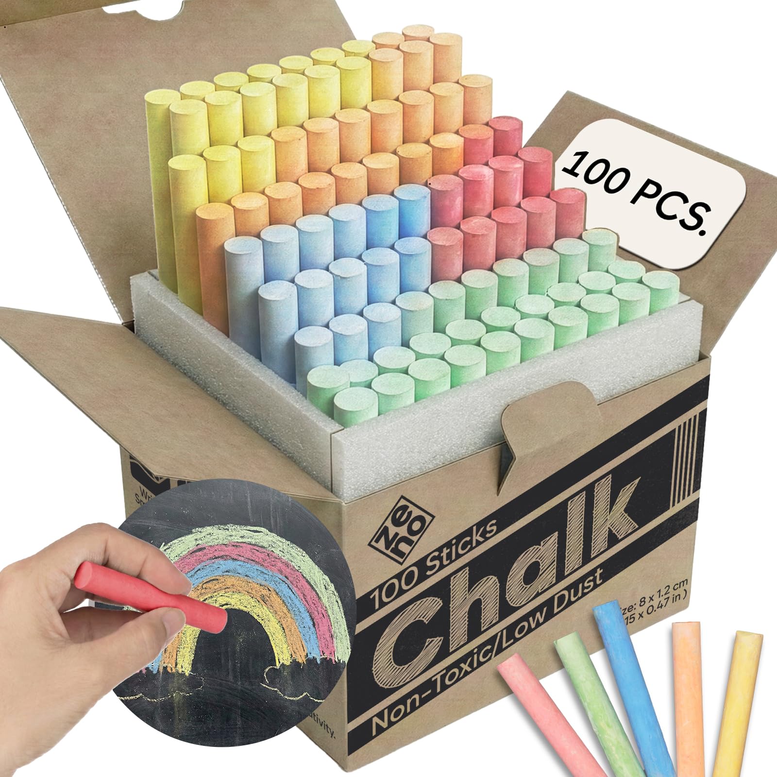 ZENO Chalk for Blackboard – 100 Sticks – Multicolor – Non-Toxic, Low Dust – Classroom & School Chalk
