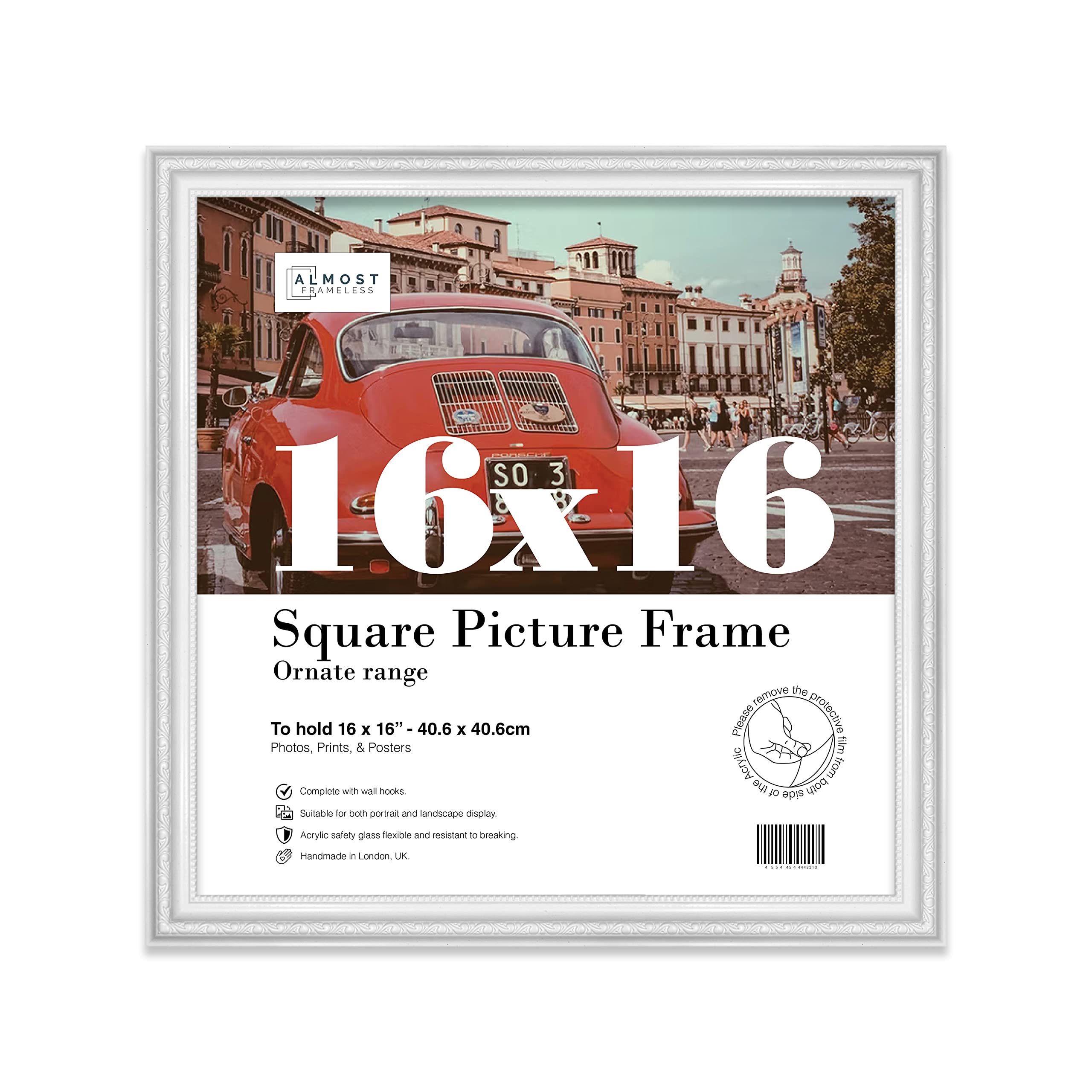 Almost Frameless White Picture Frame 16X16 White Ornate Picture Frame 16"X16"(40.6X40.6cm) Poster, Photo, Artwork, Or Print. Antique Style Portrait And Landscape Display With Wall Hooks