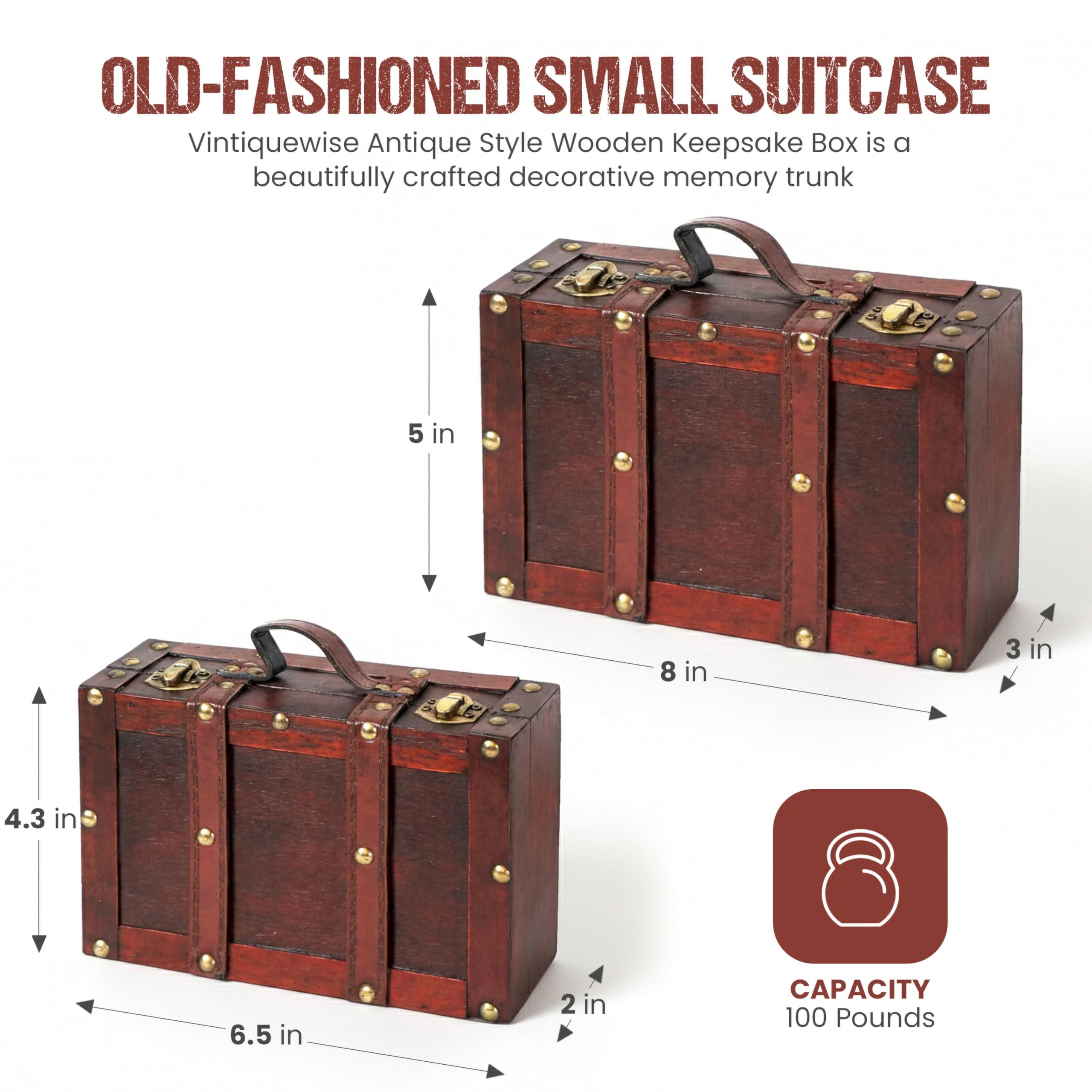 Vintiquewise Old Style-Valigia Decorativa con Cinghie, Set da 2 Pezzi, Legno, Marrone, 38.1 x 26.67 x 13.97 cm