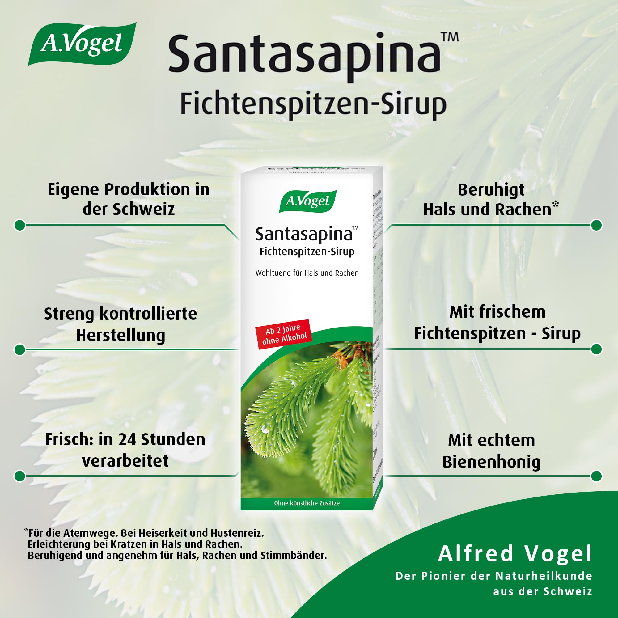 A.Vogel Santasapina Fichtenspitzen Sirup 6 x 200 ml, beruhigend für Hals und Rachen, ohne Alkohol und Zuckerzusätze, für Erwachsene und Kinder ab 2 Jahren