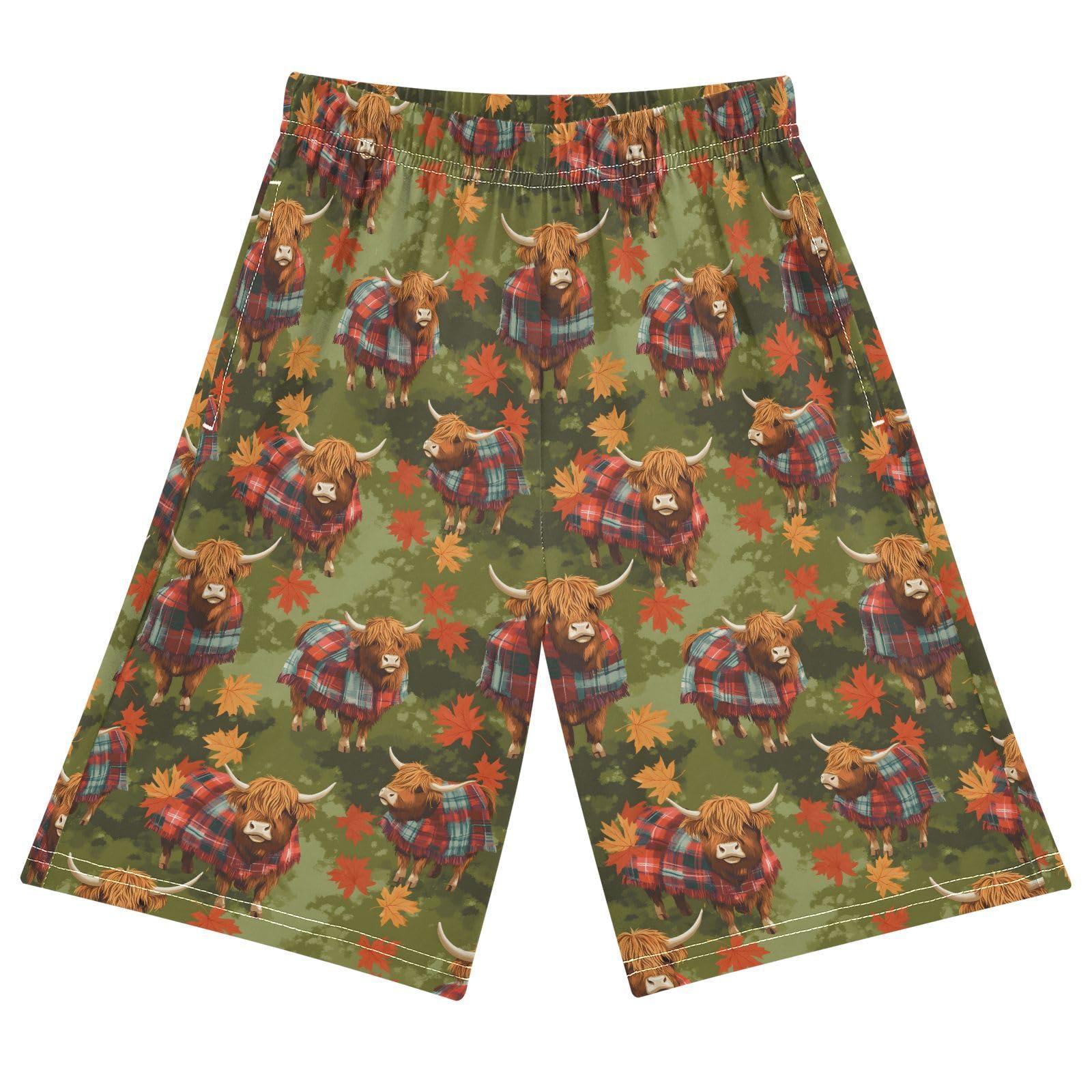 Funny Highland Cattle Cows Maple Leaf Boys Athletic Shorts Kids with Pockets Shorts for boy Girl Size 6-8 Years Multicolor