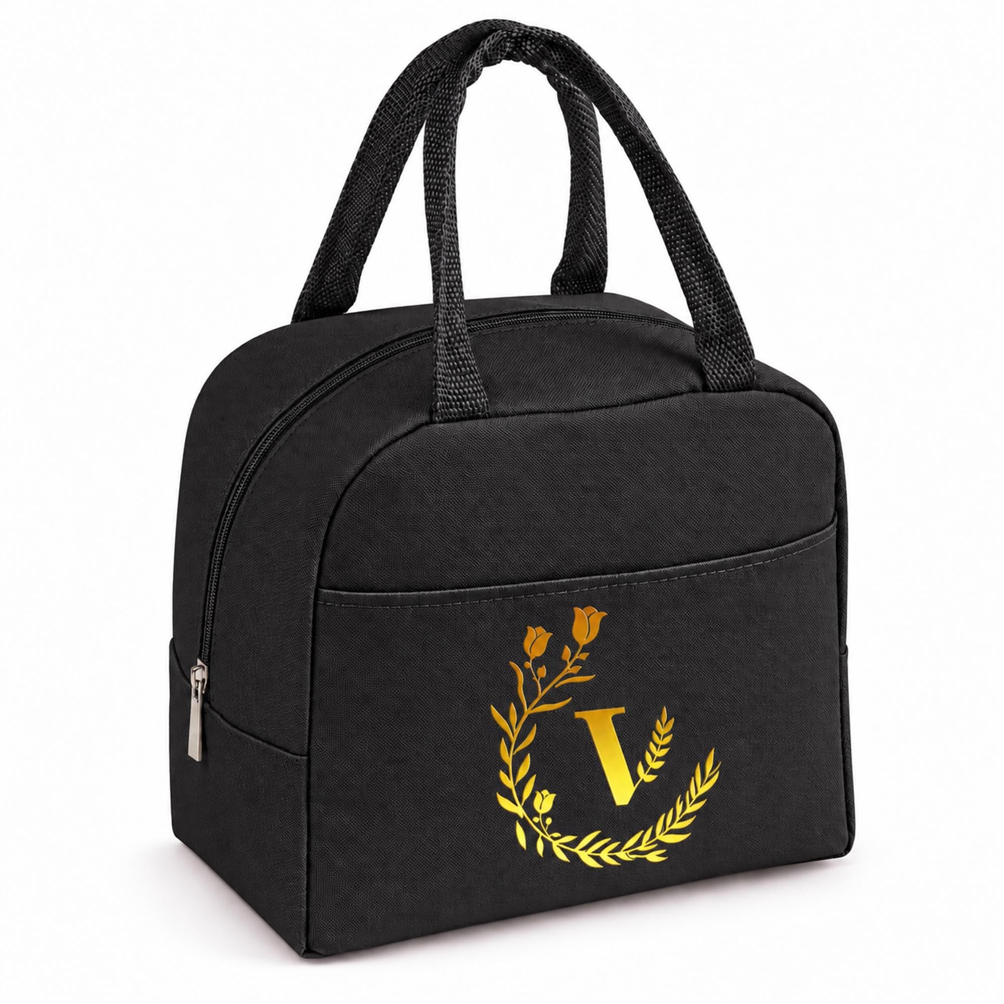 Personalized Black Initial Letters Insulated Lunch Bag for Women Men Kids-V