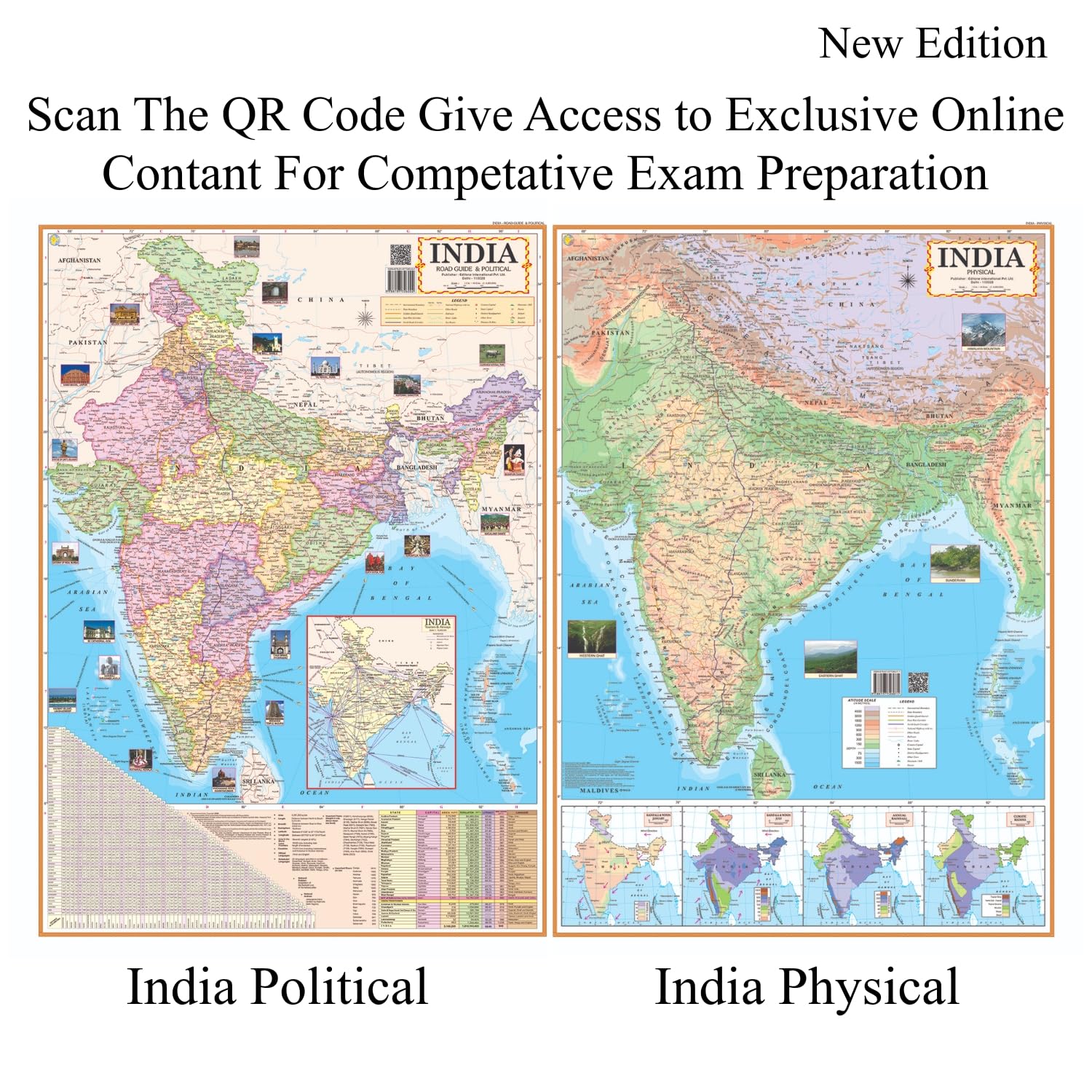 Editone International India & World (Political & Physical) Map for Wall with QR Code | Competitive Exam Preparation for UPSC, IAS, IPS, with Non-Laminated Paper Print In English Medium 1