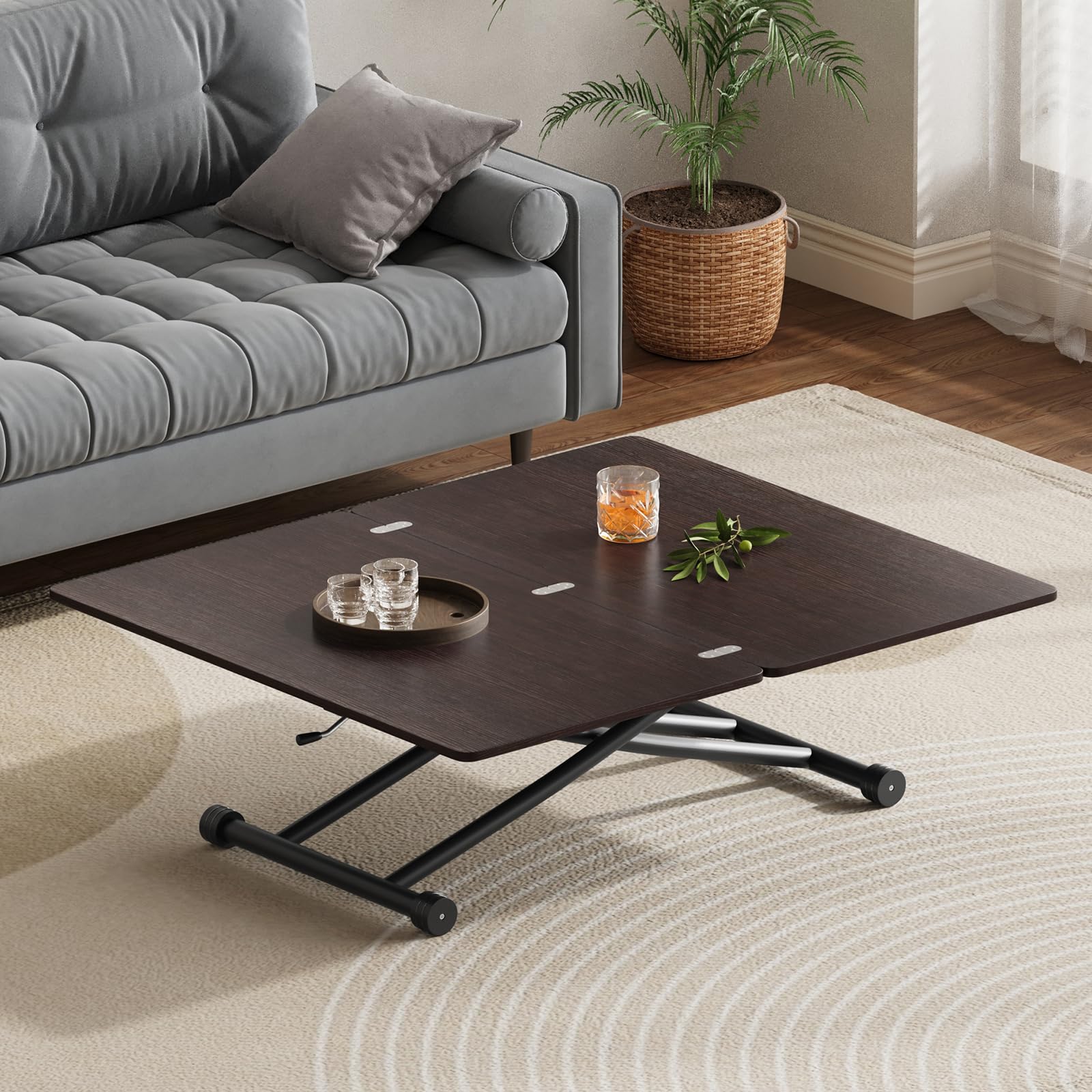 Mesa de Centro Elevable y Extensible, Mesa de Café 3 en 1 con Superficie Extensible para Comedor, Sala de Estar y Oficina,Nogal Negro