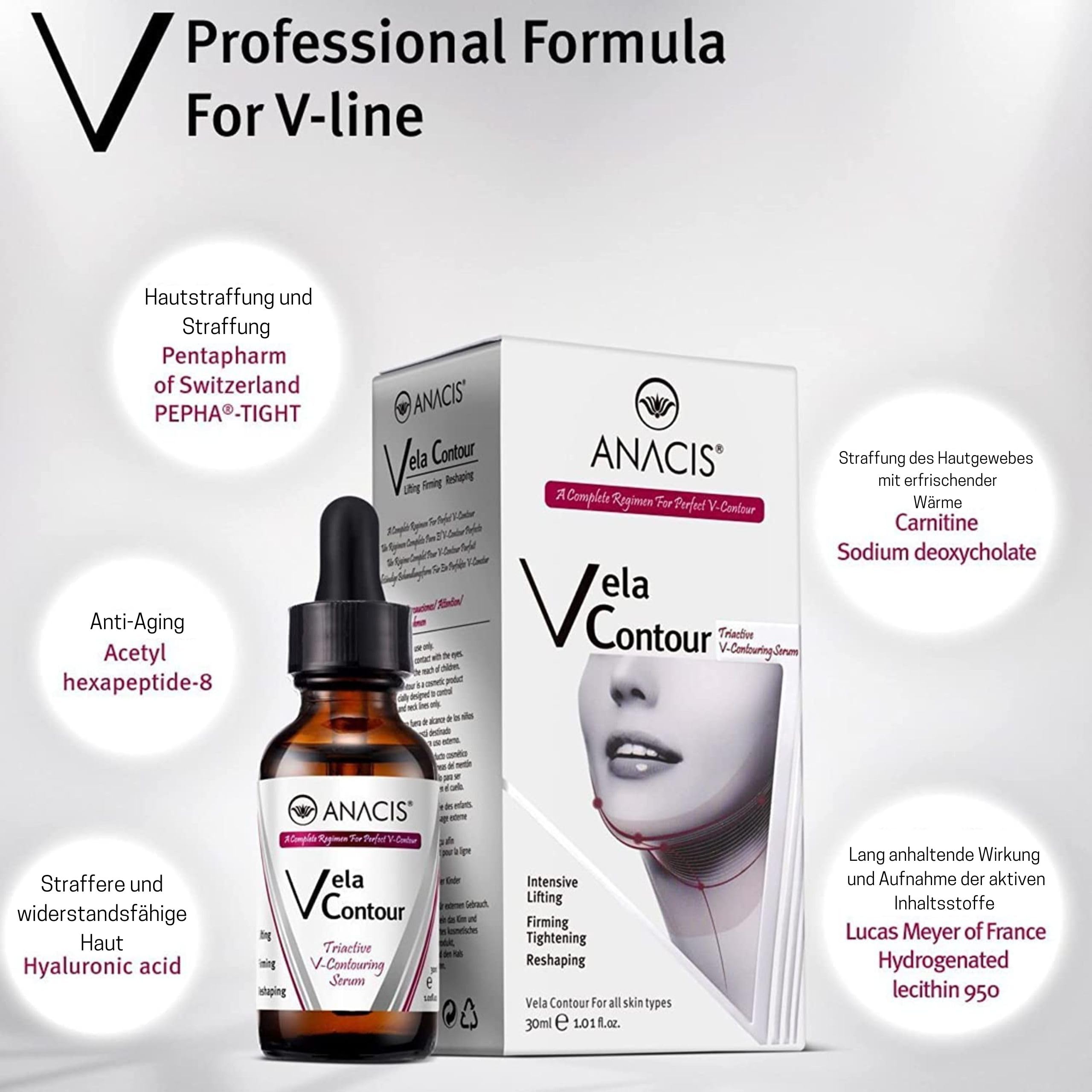 VELA CONTOUR Hals Straffungsserum - Doppelkinn und schlaffe Haut straffen, Halspartie liften - - Konturieren & Reduzieren des Erscheinungsbilds von Doppelkinn und schlaffer Haut am Hals | 30 ml