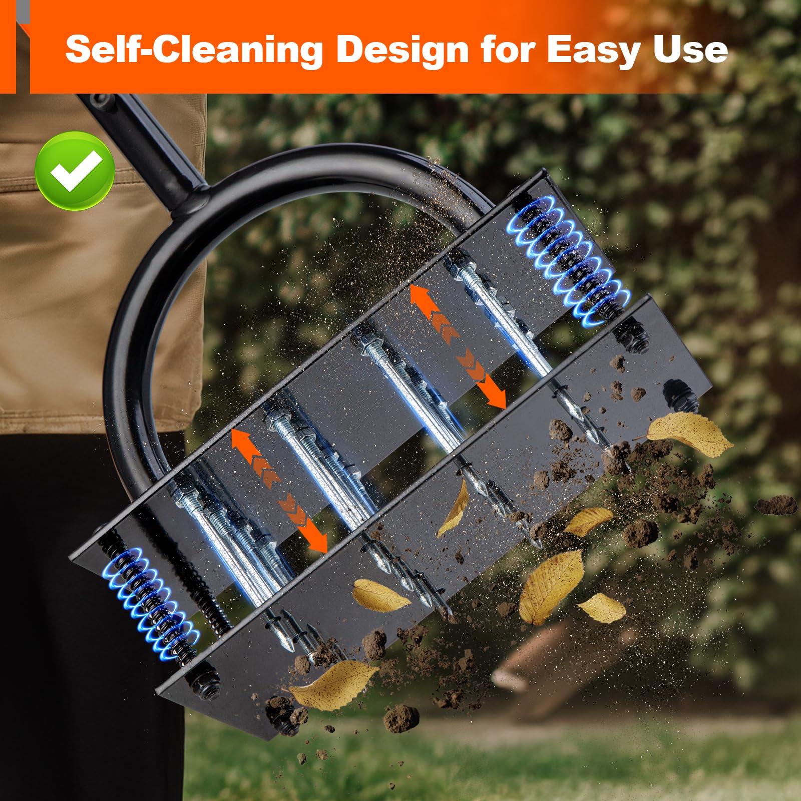 Bluesea Rasenbelüfter Werkzeug - 16 Eisen-Spikes mit ergonomischem T-Griff, automatische Schmutzreinigung für Bodenlockerung & Hofbelüftung, manueller Metall-Grasbelüfter (Orange)