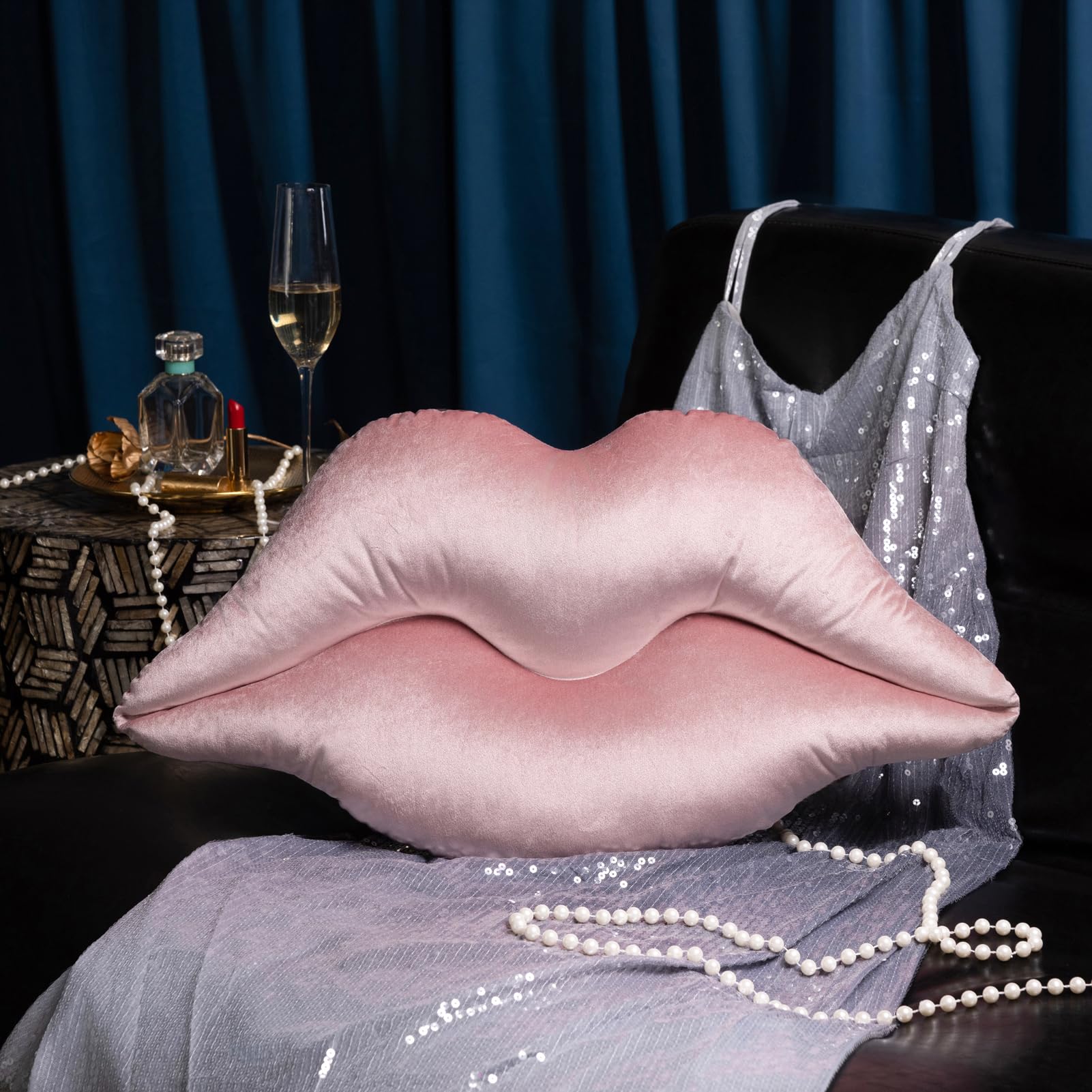 Ashler Upgraded Glossy Velvet Lip Shape Throw Pillow, Delicately Soft, Glossy Shimmering and Brilliant with Velvet Backing for Sofa, Bed and Living Room, Pink, 24 X 12 Inches