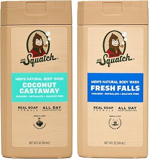 Dr. Squatch Natural Men's Body Wash 2-Pack - Fresh Falls & Coconut Castaway, Moisturizing Real Soap Shower Gel with Long-Lasting Scent (14 oz Each)