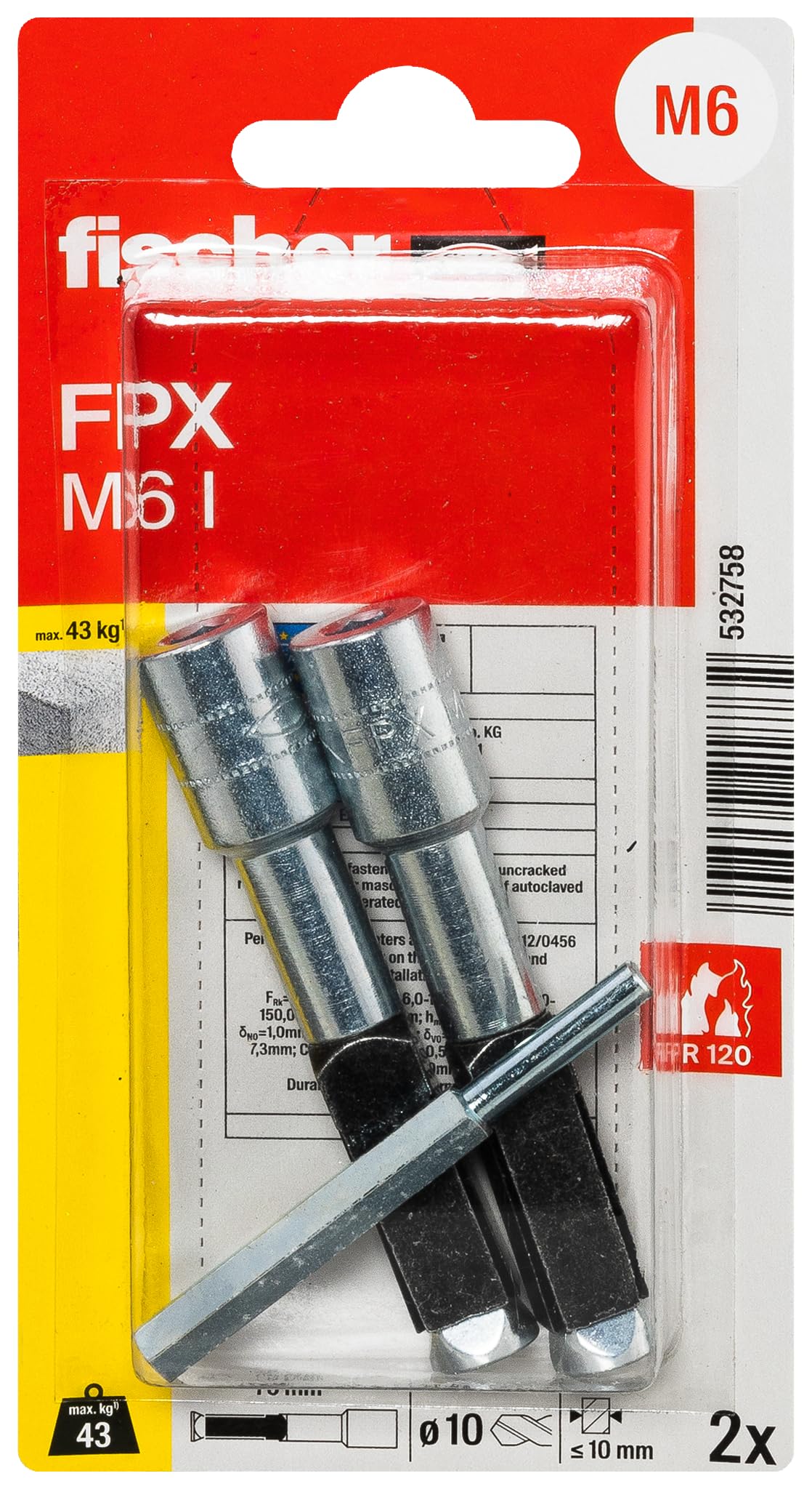 Fischer 2 x Aerated Concrete Anchors FPX-I M6 Female Threaded Anchor with 4-Way Expansion for Aerated Concrete Fixings Easy to Install High Load Capacity ETA Approved + Set Tool