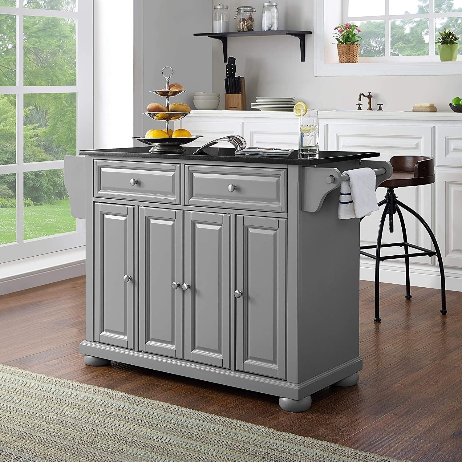 HomeStock Full Size Kitchen Island with Countertop & Storage Modern Kitchen Furniture Gray/Black Marble Top
