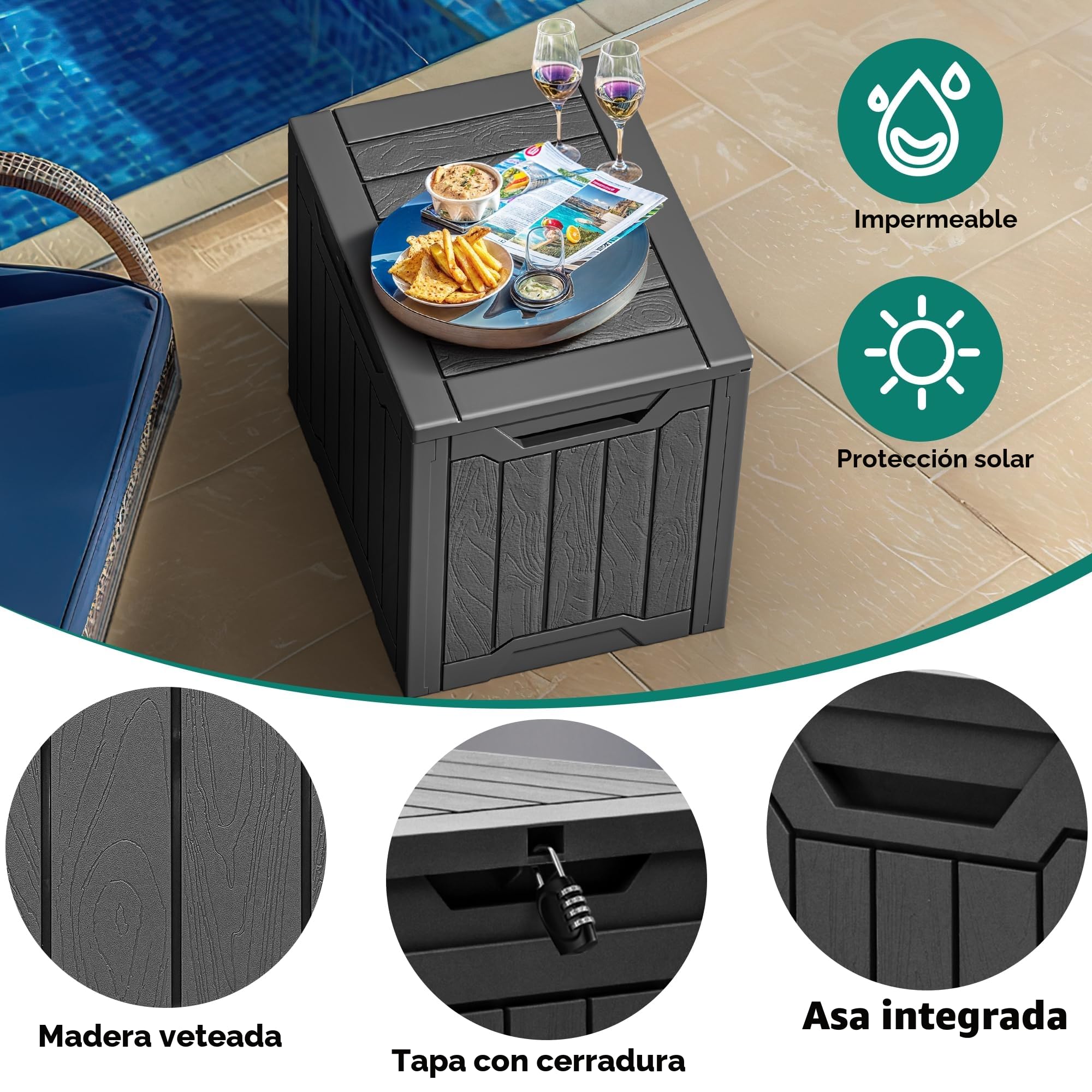 YITAHOME Caja de almacenamiento de resina para exteriores, 31 galones, resistente al agua, caja de almacenamiento para exteriores, para almohadas, equipo de jardín, con cerradura segura, color negro