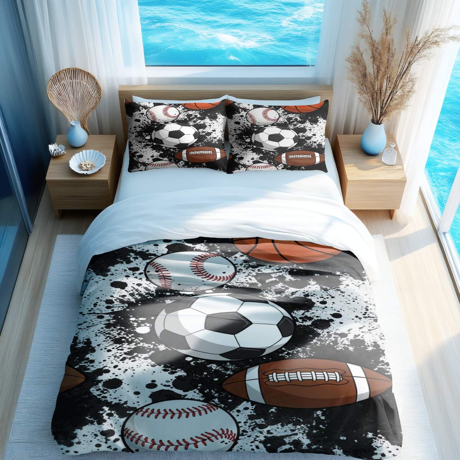 Housse de couette imprimée ballon de football style sport 3D bleu rouge 135x200