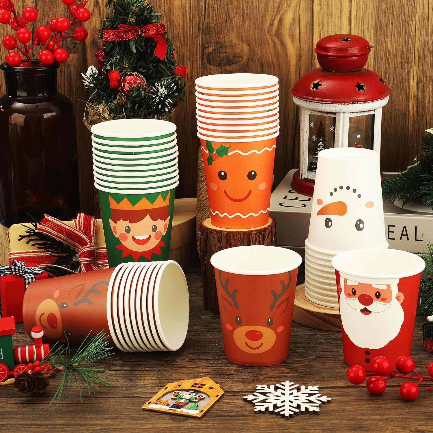 50 PCS Christmas Paper Cups 9 oz Xmas Disposable Coffee Cups Snowman Santa Gingerbread Xmas Party Cup for Hot Cold Beverages Chocolate Cocoa Tea Christmas Holiday Party Drinkware Supplies