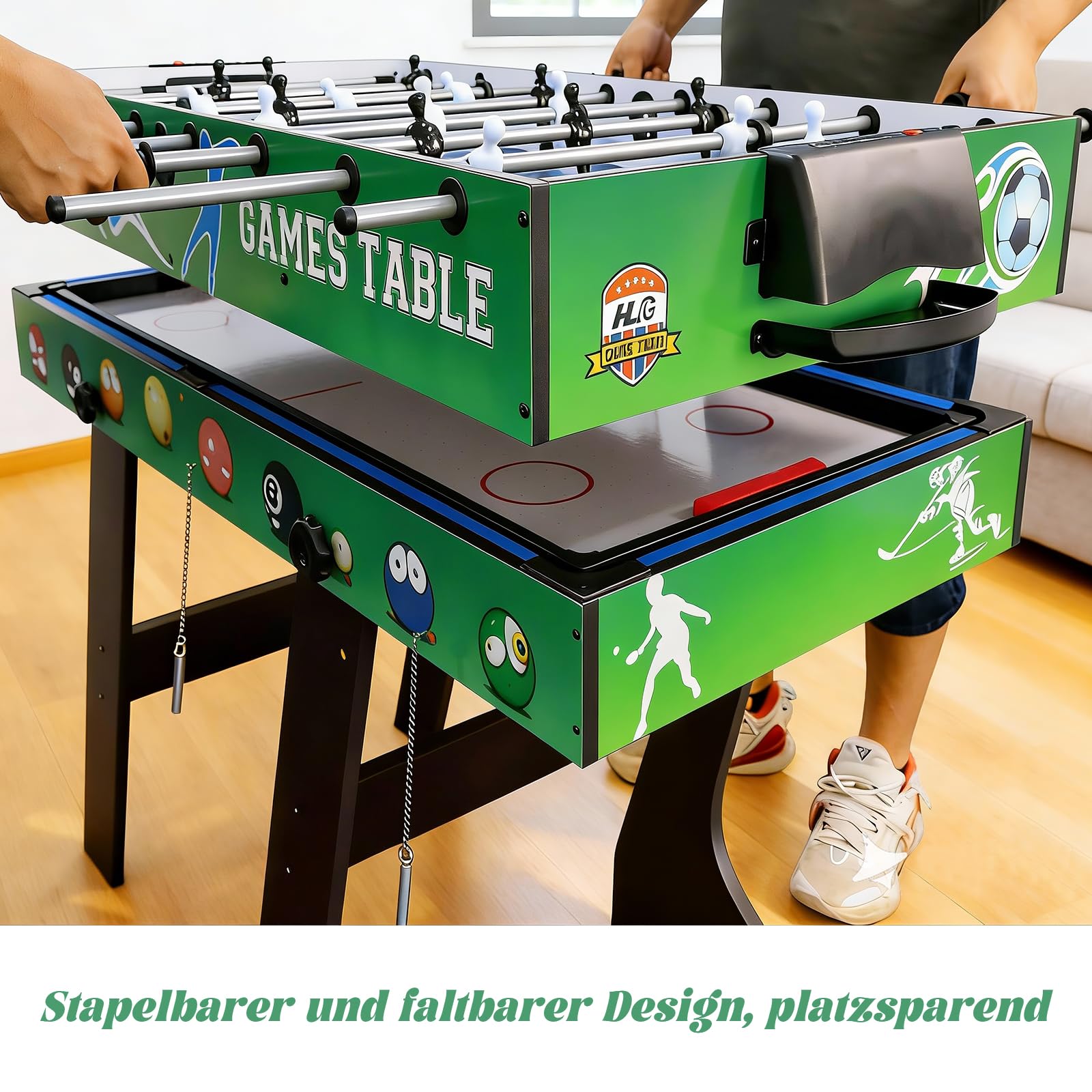 4 in 1 121cm Billard Tischfußball Air Hockey Tischtennis mit Zubehör | Multifunktionale Spieltische, Zusammenklappbarer Tisch, Plattenwechsel, robustes Holz, platzsparend, ideale Familie