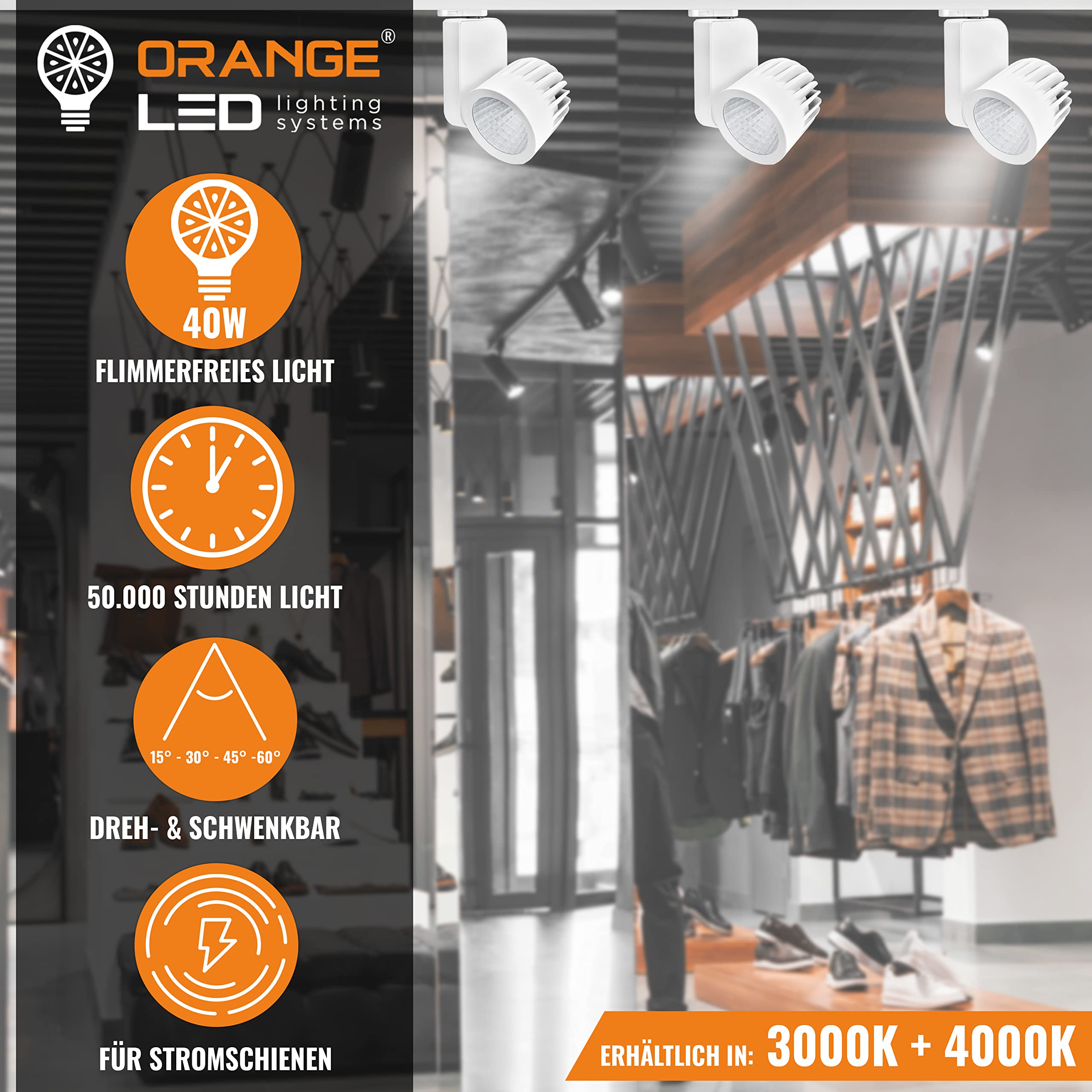 ORANGE LED 3-Phasen Schienen Deckenstrahler - OR-601 LED Spot weiß - 40W - 30° - hochwertiger LED Strahler für Stromschienen - Schienensystem Leuchte - Stromschienenstrahler (4000K)