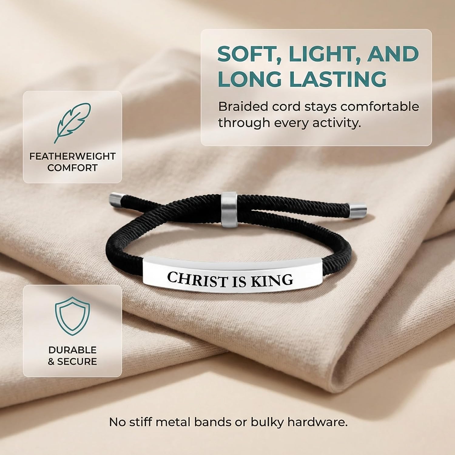 Christ is King Christian Bracelet Baptism Gifts for Boys Adjustable Waterproof Black Braided Cotton Cord, Stylish & Comfortable for Casual Wear Christian Gift For Men