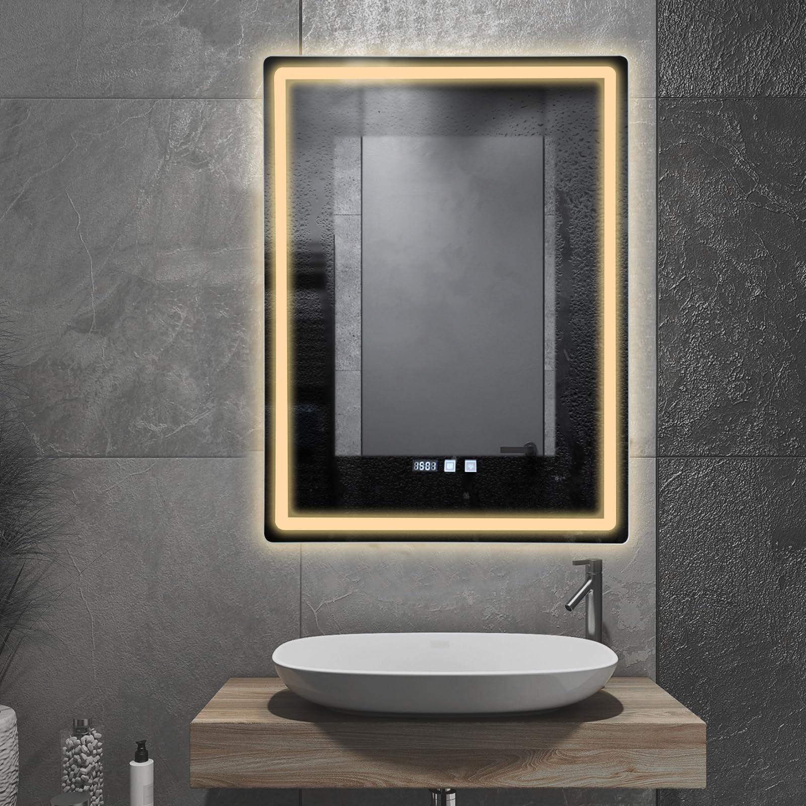 Espejo de baño LED con luces, 60 x 80 cm, espejo iluminado para pared de baño, regulable, sin vaho, tres colores de luz, instalación vertical, plata