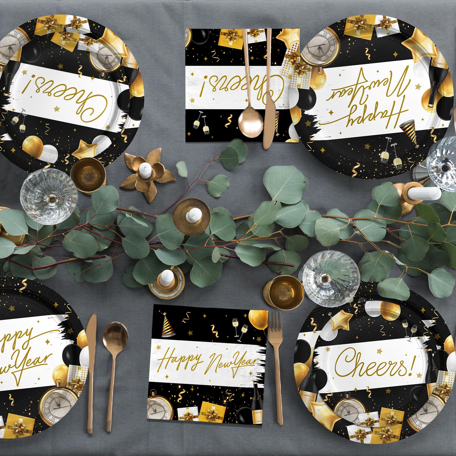 Kit de celebración de Año Nuevo 2024: suministros de fiesta para 50 invitados con platos y servilletas desechables decorativos, perfecto para celebrar el Año Nuevo