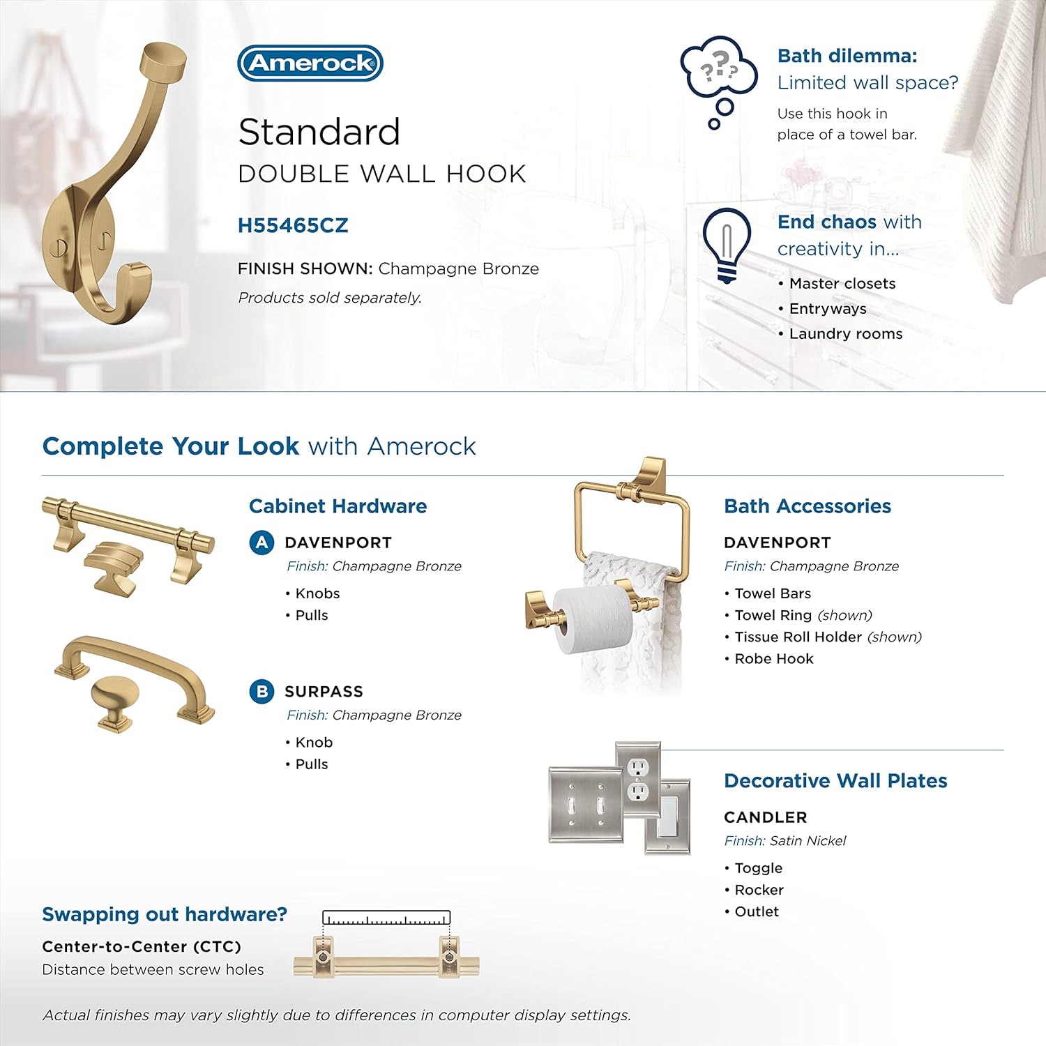 Amerock H55465CZ | Adare Double Prong Decorative Wall Hook | Champagne Bronze Hook for Coats, Hats, Backpacks, Bags | Hooks for Bathroom, Bedroom, Closet, Entryway, Laundry Room, Office