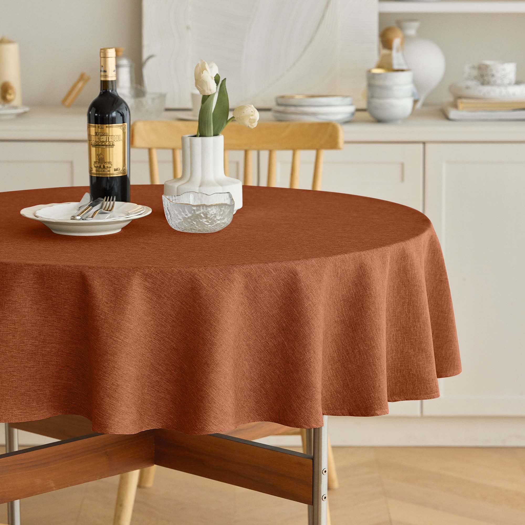 Decorelia Fall Faux Linen Round Tablecloths 60 inch, Waterproof Washable Texture Rustic Circle Table Cloth Cover for Dining Kitchen Party Farmhouse Outdoor(60 Inch,Round (2-4 Seats),Burnt Orange)