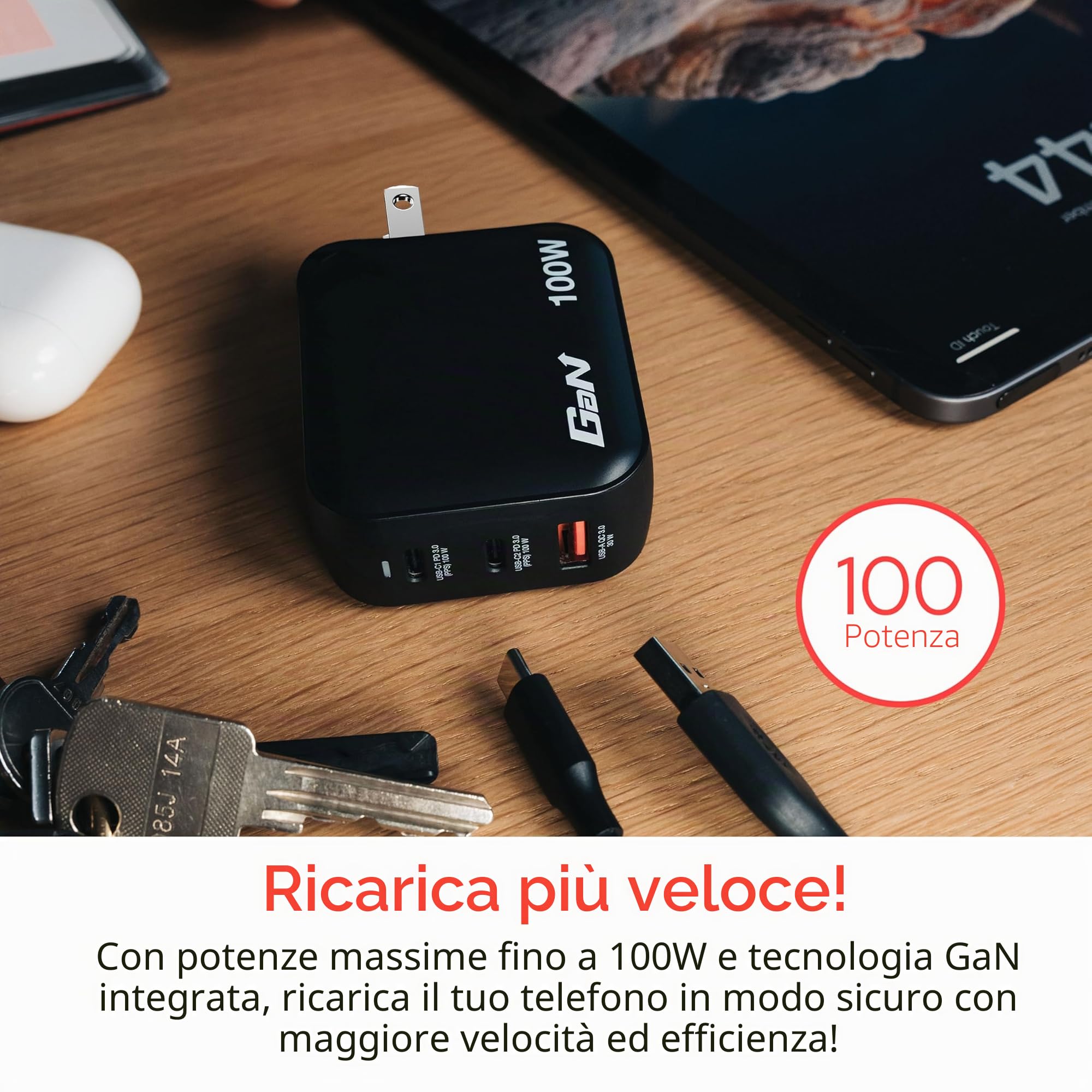 Verbatim Mini GaN Charger 100W 3 Porte USB-C Caricabatterie Power Adapter 2 X USB-C & 1 X USB-A Caricatore Rapido Multipresa Apple MacBook, Notebook iPad, iPhone, Samsung & Co, per UK, USA