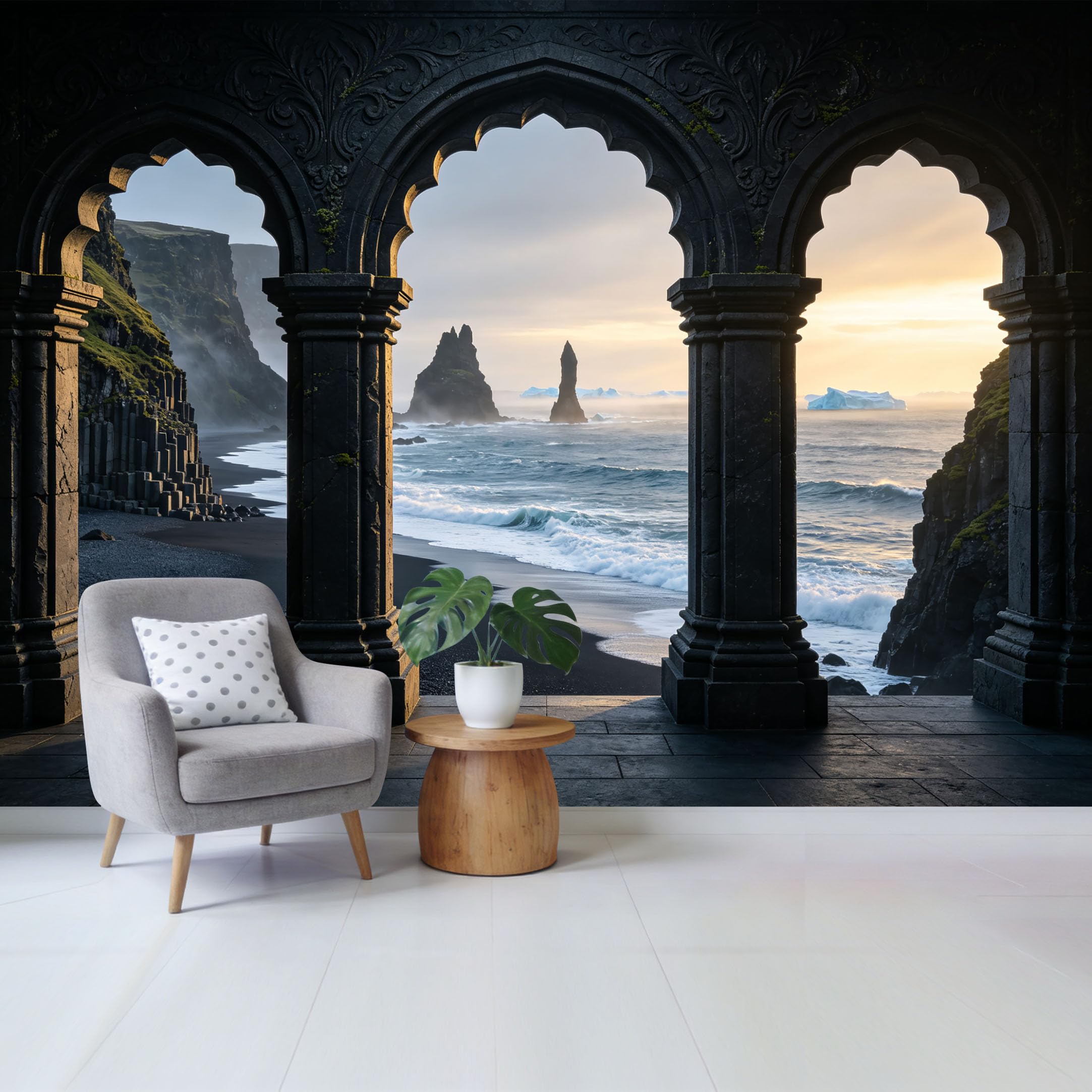 Custom Size Wall Mural Coastal Ocean Cliff Sunset View Through Stone Arches Removable Self Adhesive Fabric Home Wall Decor for Living Room Bedroom Bathroom