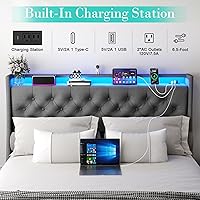 Vista 25 de Base de cama tamaño Queen con 2 cajones de almacenamiento, base de cama con plataforma tamaño Queen con luz LED, cabecera tapizada, estación