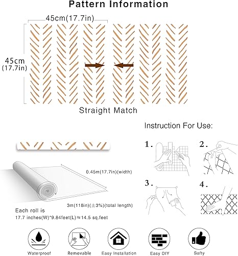 Miniatura 7 de HAOKHOME 96101-3 - Papel pintado bohemio para despegar y pegar, con pinceles, rayas, removible, terracotablanco, Chevron, vinilo autoadhesivo mural