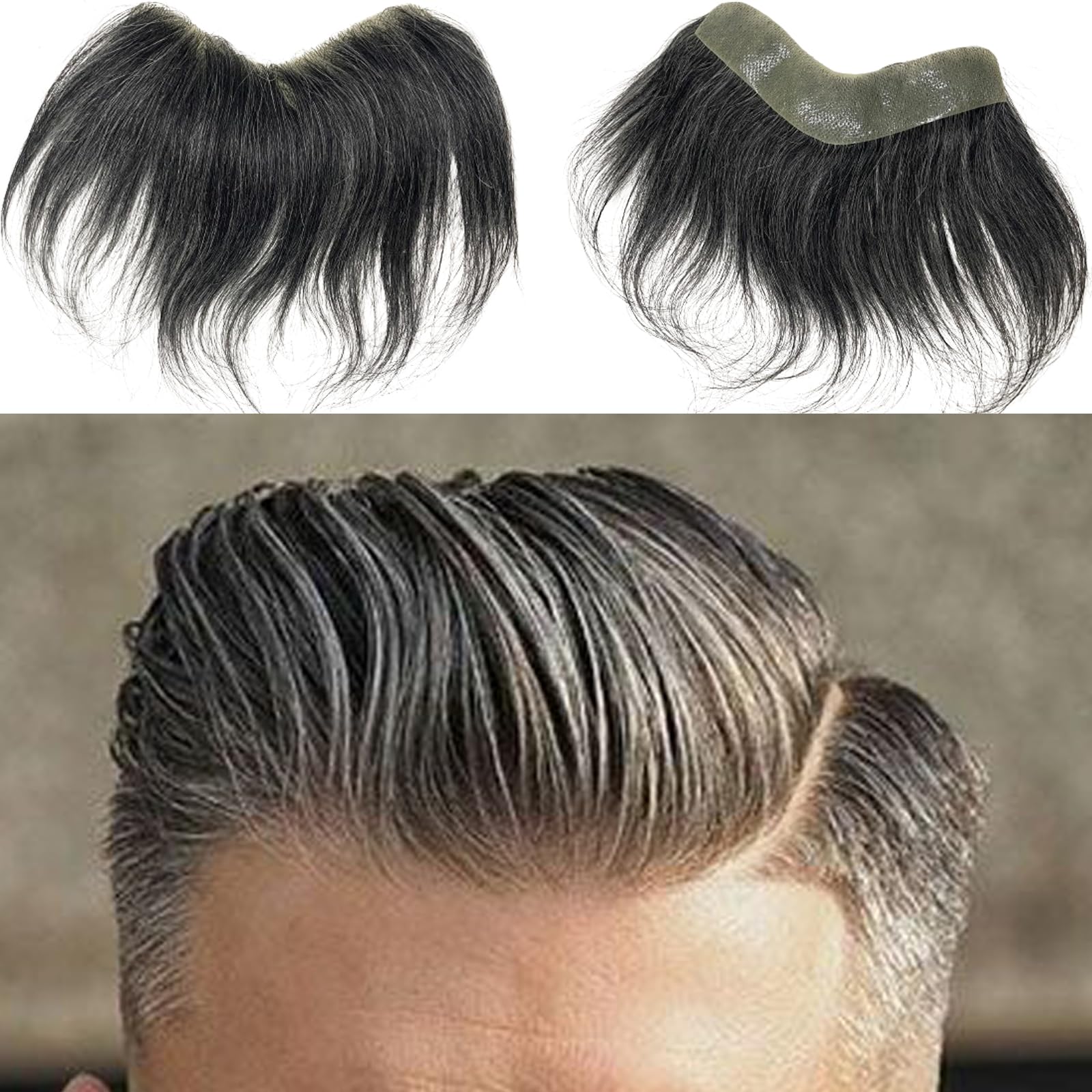 Men's Forehead Hairline Toupee - 100% Human Hair PU Skin Hairpiece for Receding Natural Hairline - 80% 1B Black Mixed 20% Grey - 0.78x6.29 Inch