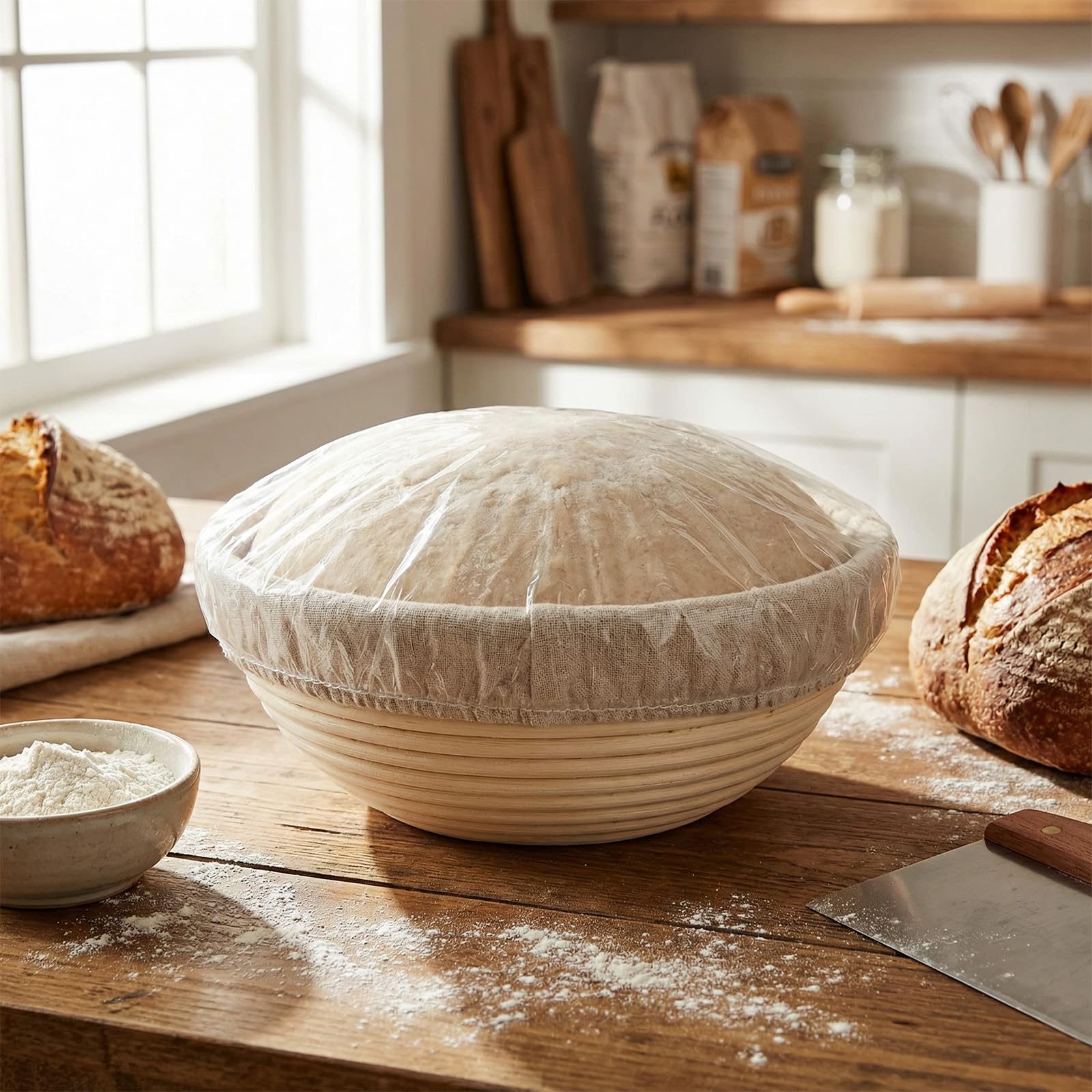 LemonRoad Brotgärkörbe mit Duschkappen, 22,9 cm, Banneton-Korb, Set mit 2 Sauerteig-Gärkörben mit Stoffeinlagen und 1000 Duschkappen für Sauerteigbrot, Backen, Gärung