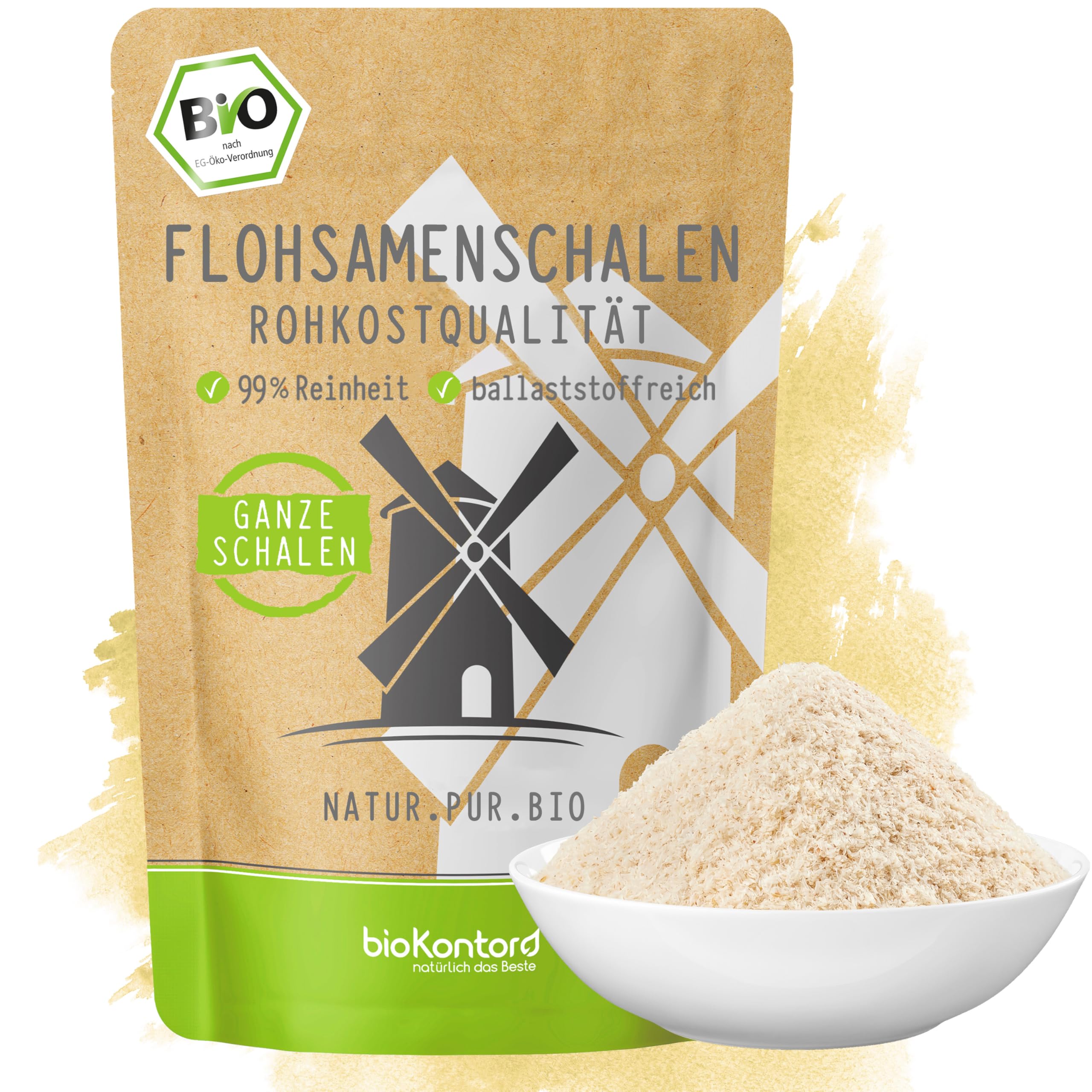 bioKontor – Bio Flohsamenschalen ganz 1000g 1kg – Psyllium Husk 99% Reinheit – indische Flohsamen Schalen – Low Carb Backen Getränke – Rohkostqualität – reich an Balaststoffen – deutsche Handabfüllung