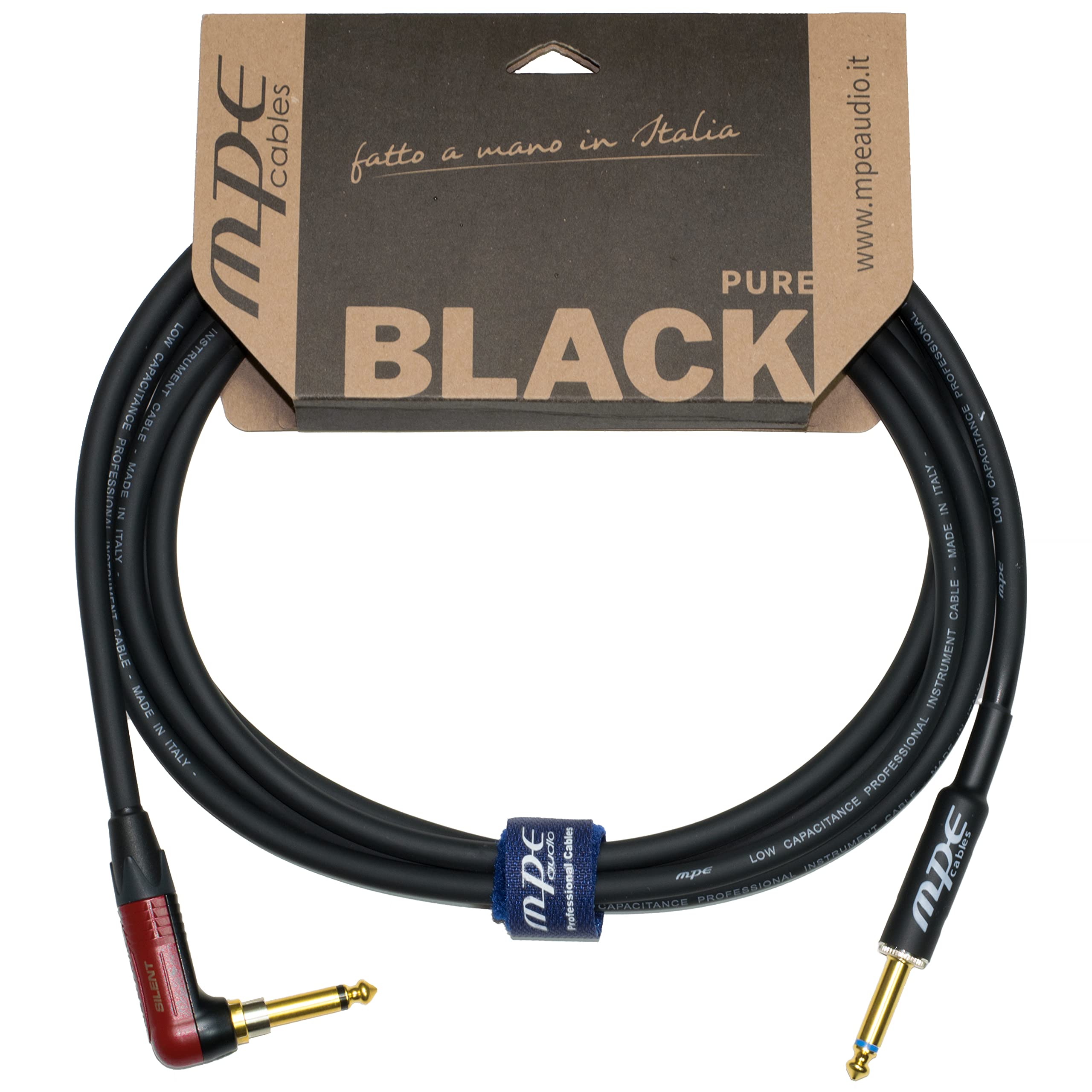 MPE - Cavo jack chitarra basso con Jack SILENT ad ANGOLO 90° NEUTRIK Schermato Professionale Made in Italy 6,3mm MOD BLACK ONESP (2 MT)