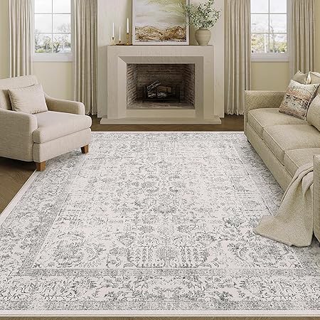 Gray Area Rug 6x9 Machine Washable Vintage Living Room Distressed Non Slip Carpet Traditional Indoor Bedroom Grey Retro Floral Accent Throw Large Rug for Office Kitchen Dining Room