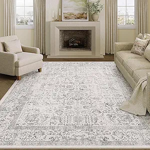 Gray Area Rug 6x9 Machine Washable Vintage Living Room Distressed Non Slip Carpet Traditional Indoor Bedroom Grey Retro Floral Accent Throw Large Rug for Office Kitchen Dining Room