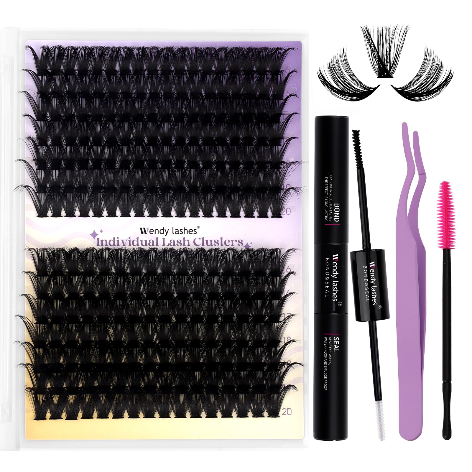 Lash Clusters Kit for Using at Home: Lightweight, DIY, Natural, Fluffy, Wispy, Waterproof, Anime, Manga, Cat Eye, C Curl, 16-20mm, 60P+80P, Wendy,