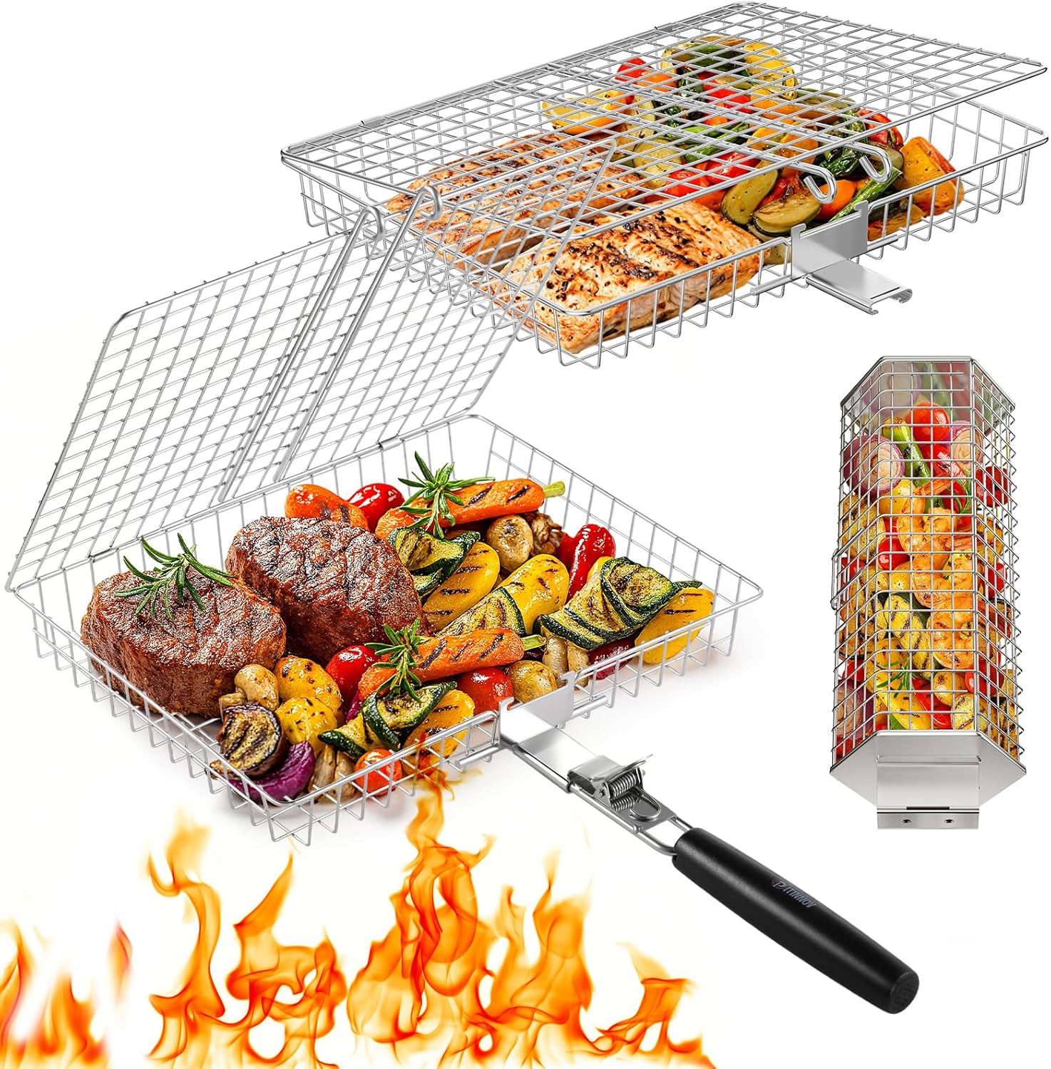 Grill Baskets for Outdoor Grilling, 3PCS Grilling Baskets with Removable Handle, Stainless BBQ Accessories for Vegetables, Fish, Shrimp, Outdoor Camping Cooking Tools Gifts for Men Dad