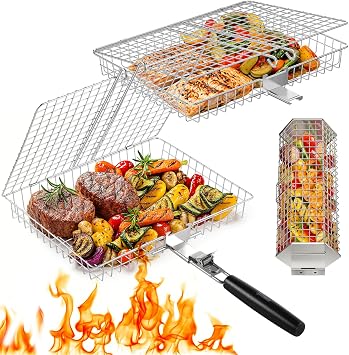 Grill Baskets for Outdoor Grill, 3 PCS Fish Basket for Grilling with Handle