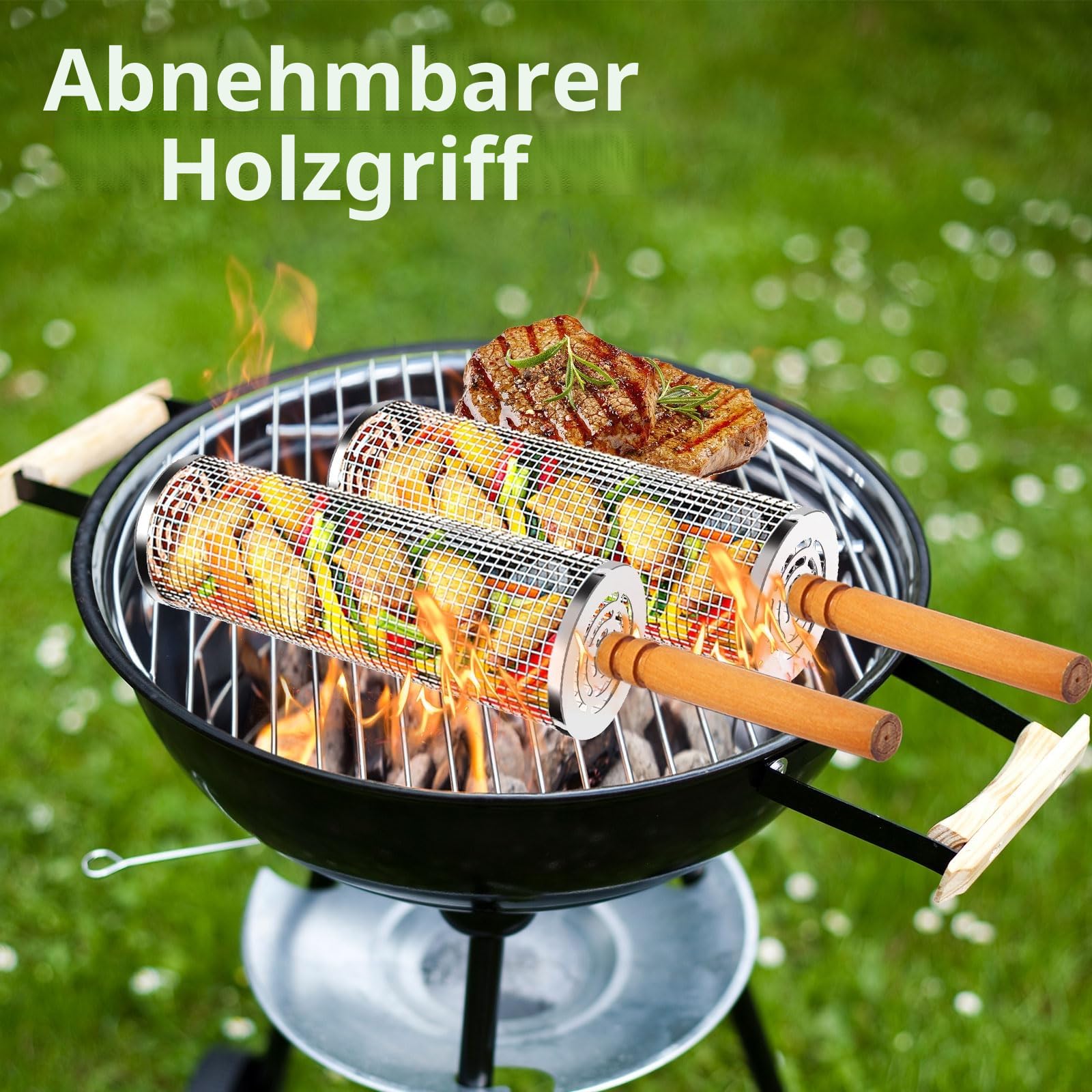 2 Stück Nestendes Rollendes Grillkorb Set mit Holzgriff (30 x 10cm), Grillnetzrohr für Den Außengrill für Gemüse, Edelstahl zylindrische für Outdoor Grill Grillzubehör-Werkzeuge Geschenke für Männer