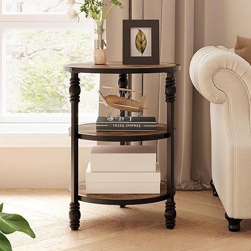 IDEALHOUSE Mesa auxiliar redonda de 3 niveles, mesa auxiliar de sala de estar con estante de almacenamiento y mesa auxiliar de madera industrial de