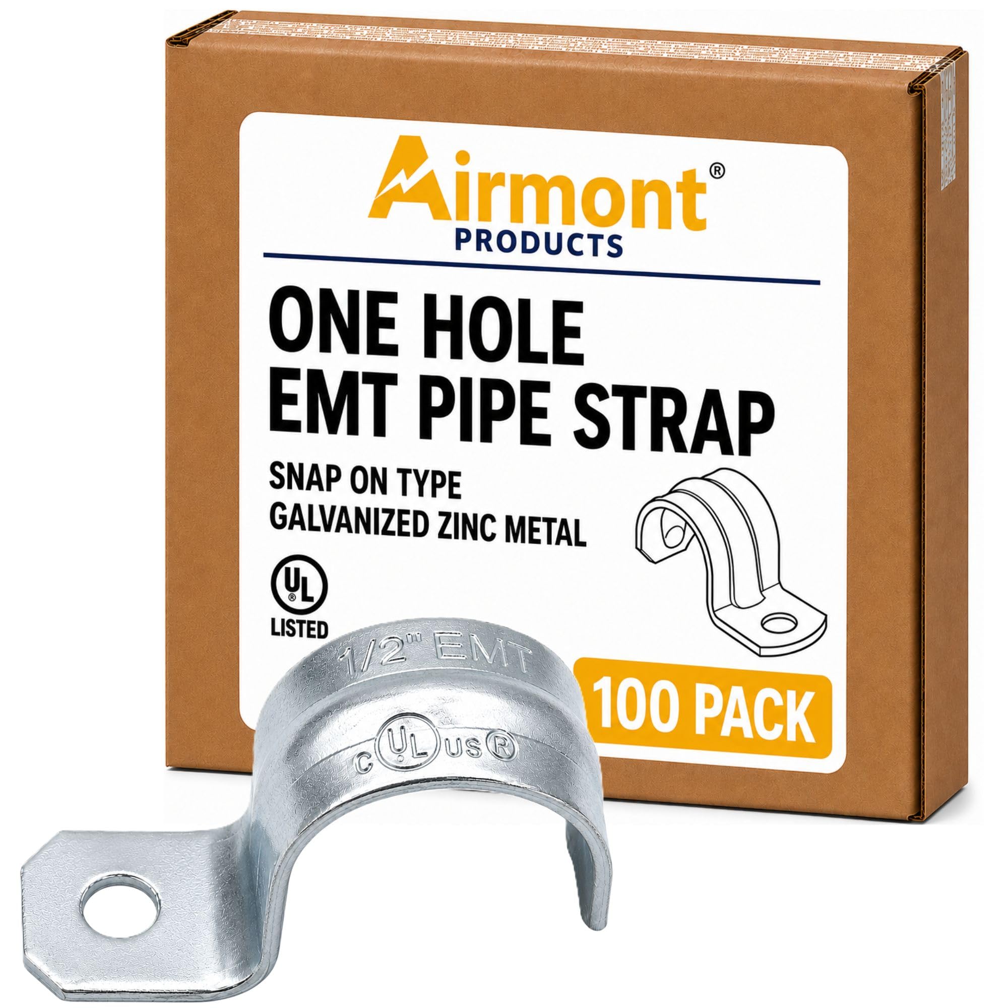 (Pack of 100) Airmont Products AP-10551, One Hole EMT Pipe Strap for Conduit Installation, 1/2 Inch Trade Size, Snap-On Type, Reinforced Rib for Extra Strength, Galvanized Zinc Plated Metal-image-29
