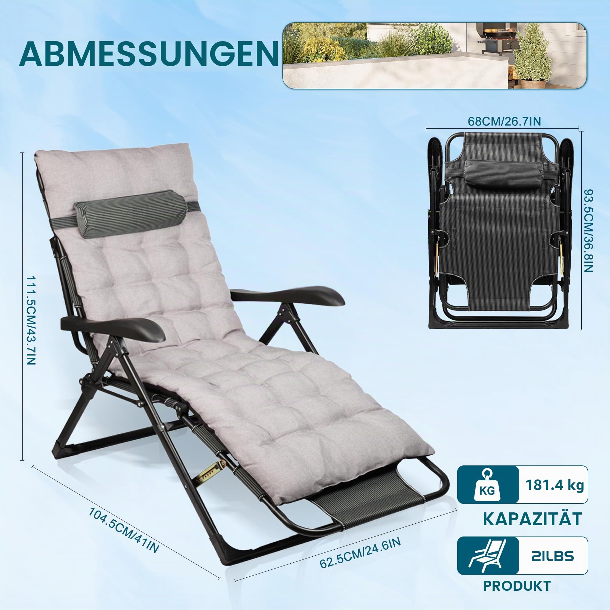 Sonnenliege Klappbar, Liegestuhl Garten, Klappbare Gartenliege Verstellbar Rückenlehne, Relaxsessel Garten Mit Auflage Polster, Getränkehalter, Liegestuhl Balkon Belastbar150kg (Grau)