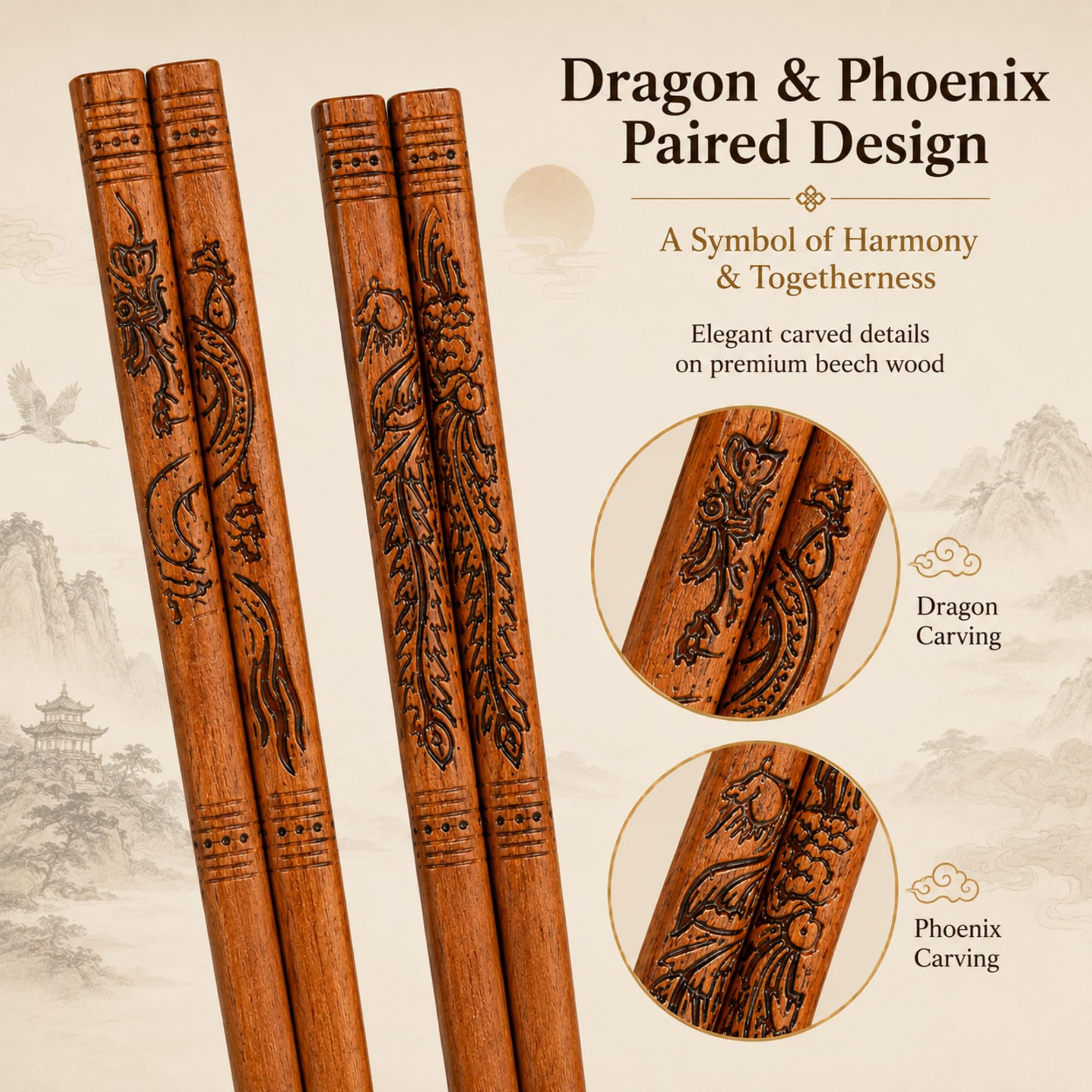 Dragon & Phoenix Wood Chopsticks Set - Gift Included -2
