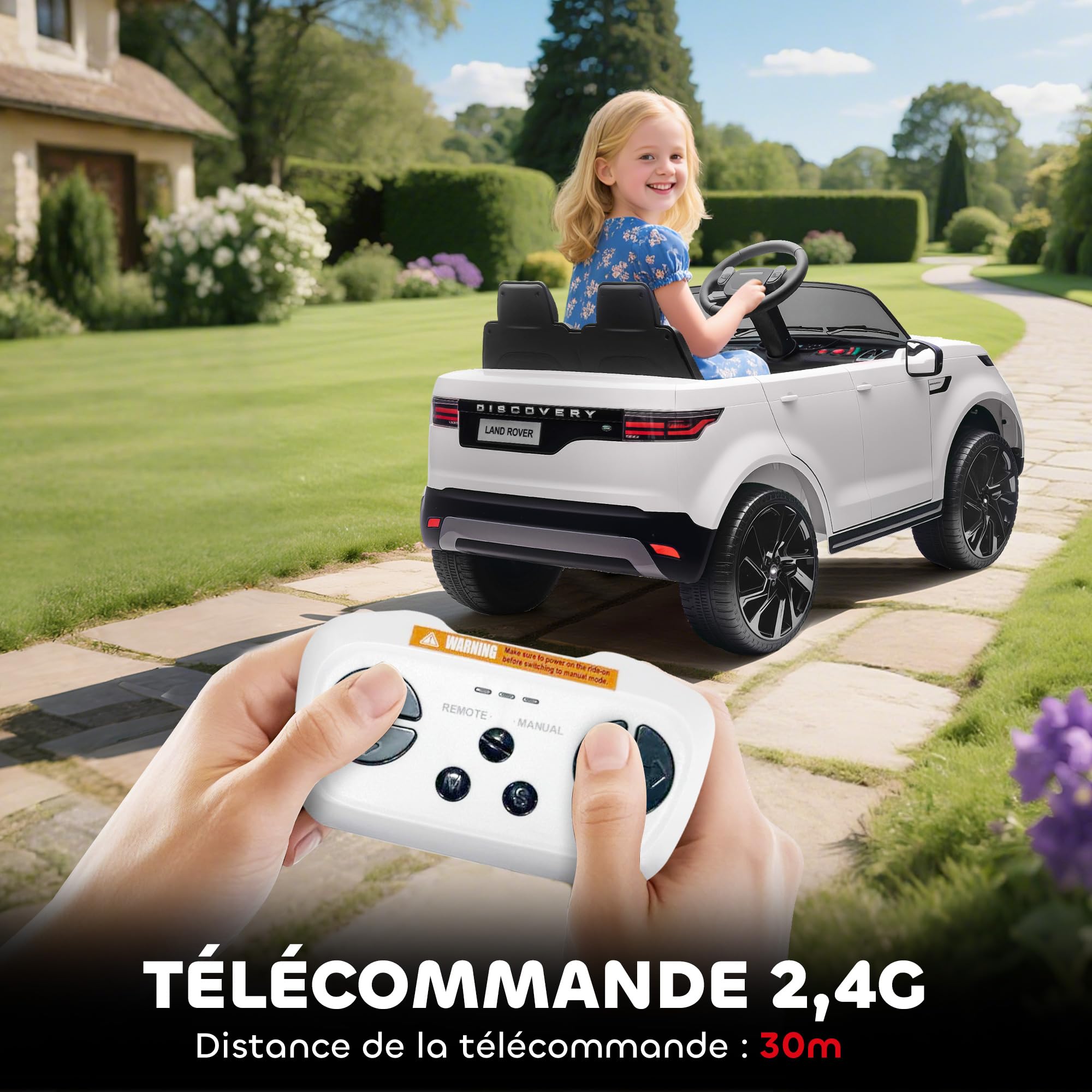 AIYAPLAY Macchina Elettrica Bambini Licenza Land Rover Discovery 12V Bianco | 3-6 Anni, 2.5-4.5 km/h, Auto Elettrica per Bambini, Sospensioni, Telecomando, USB, Musica, Fari, Clacson