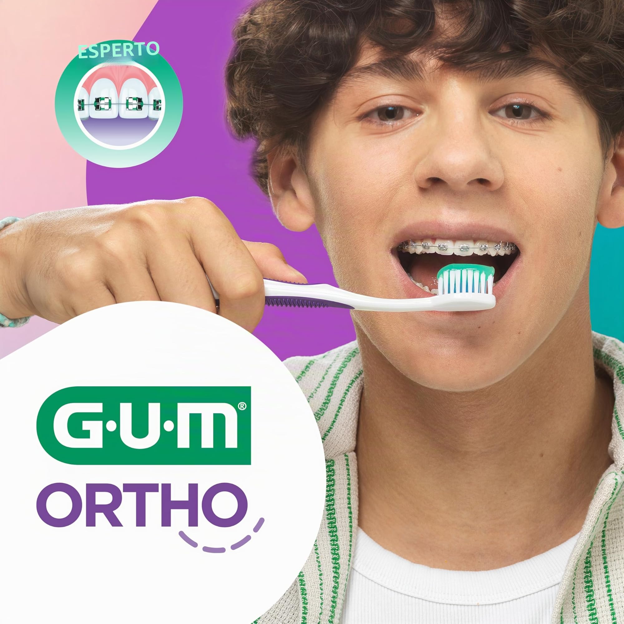 Spazzolino manuale GUM ORTHO | Setole morbide a forma di V | Ideale per apparecchi ortodontici | Manico antiscivolo | Cappuccio da viaggio | 4x1 pezzi (con 2 campioni omaggio)